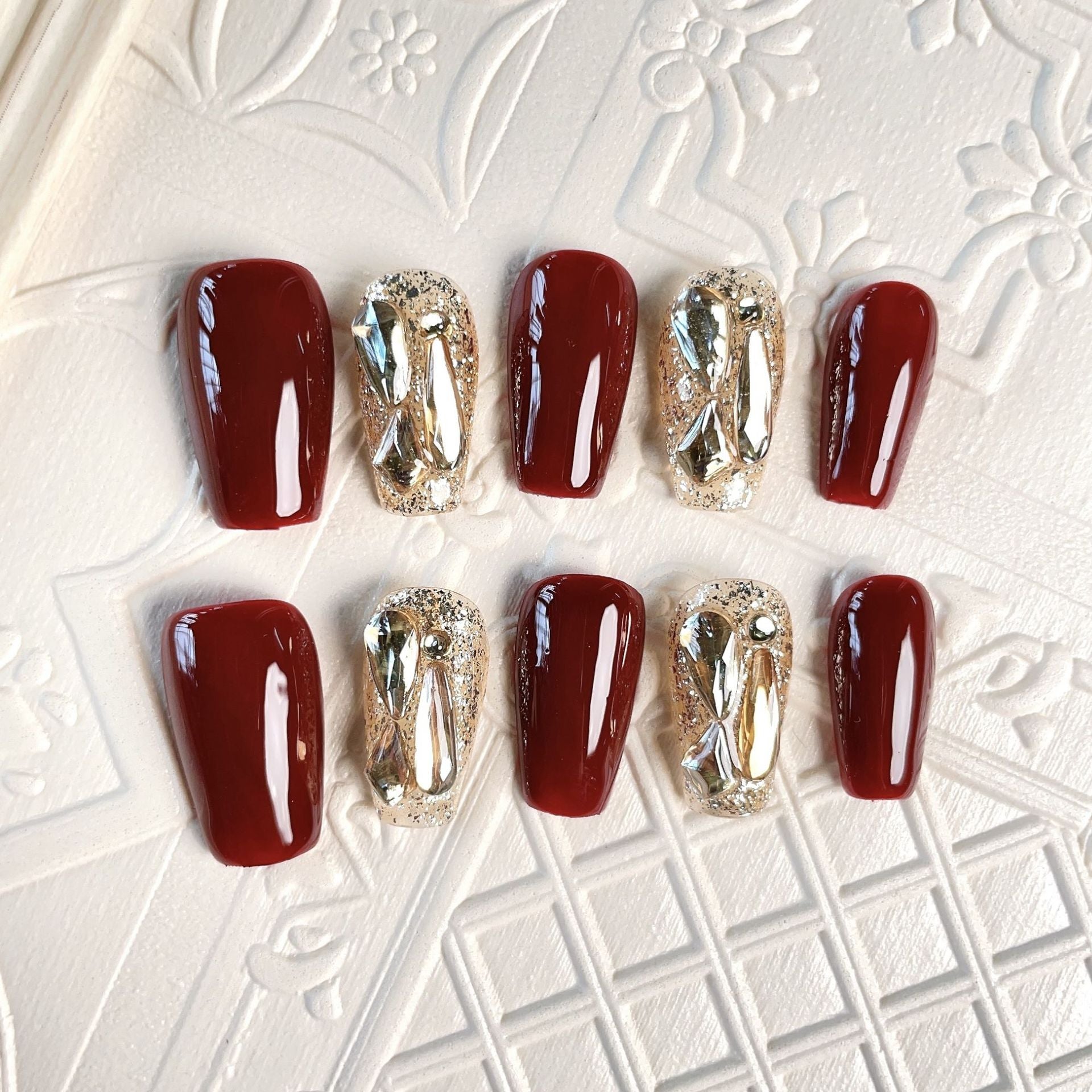 Handcrafted Wearable Red Nails with Diamond Embellishments, Removable Medium-Long Nail Art Stickers.