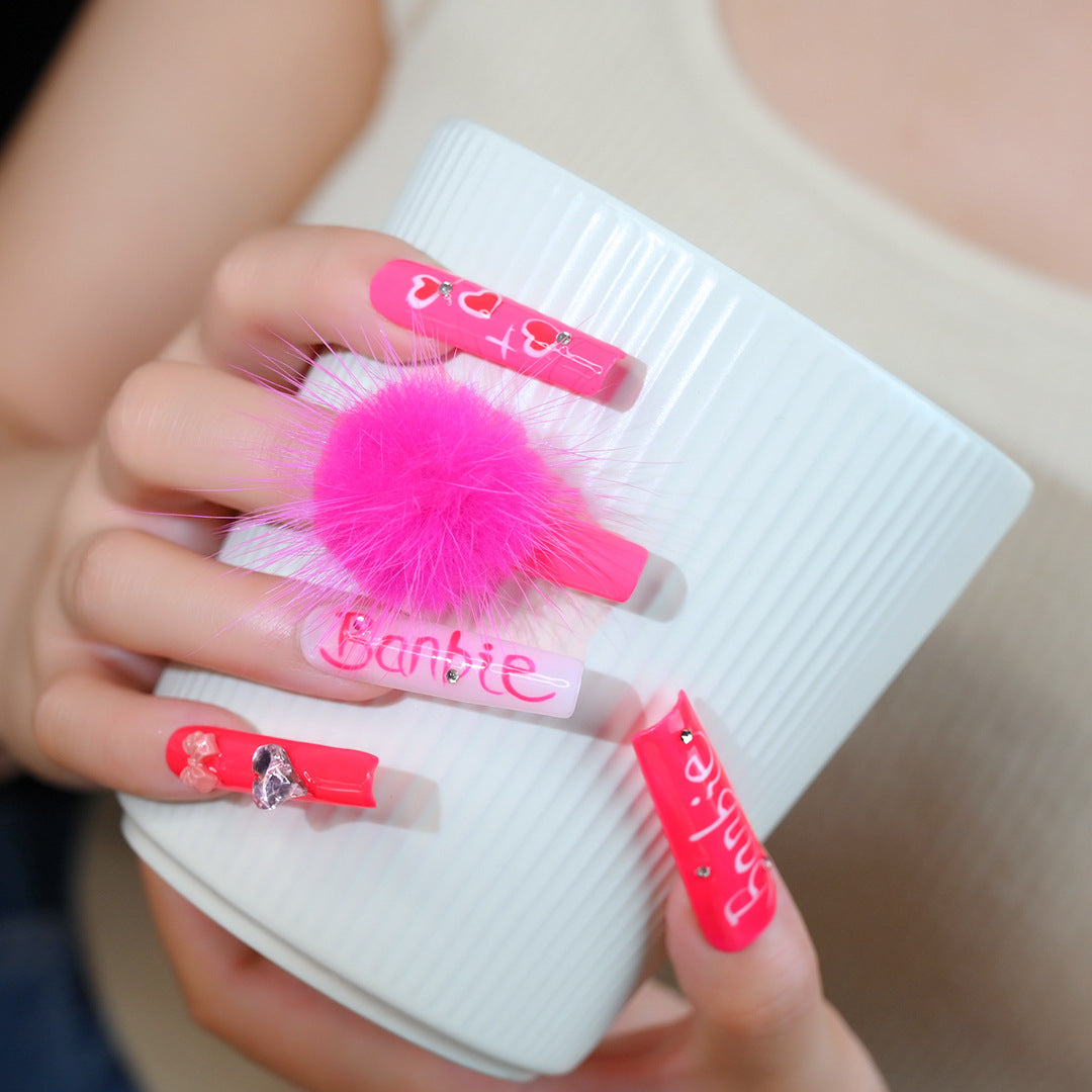 Handcrafted Wearable Pink Letter Nails with Pom-Pom, Removable Extra-Long Nail Art Stickers