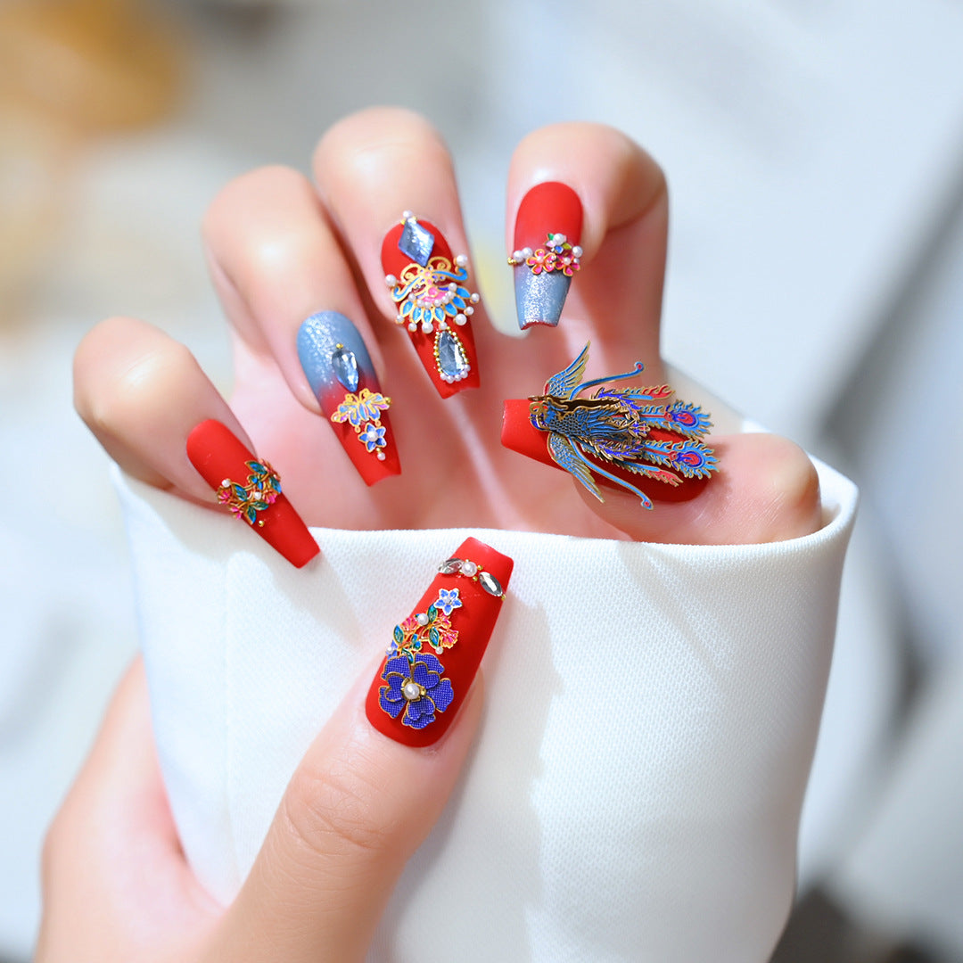 Handcrafted Wearable Chinese Red Nails with Chinese-Style Phoenix and Diamond Accents, Removable Medium-Long Nail Art Stickers