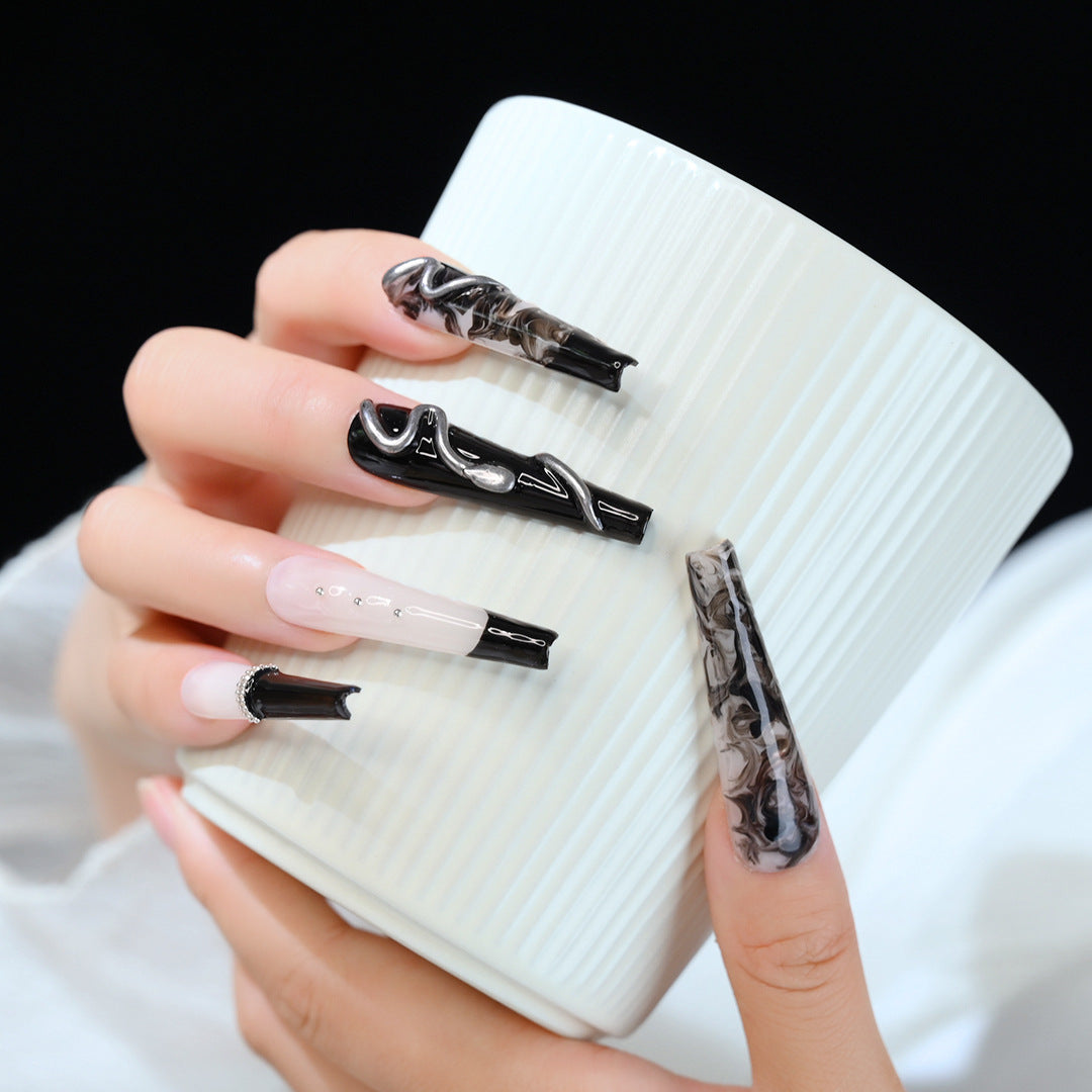 Handcrafted Wearable Nails with Silver Snake Design, Black and White Gradient Removable Extra-Long Nail Art Stickers