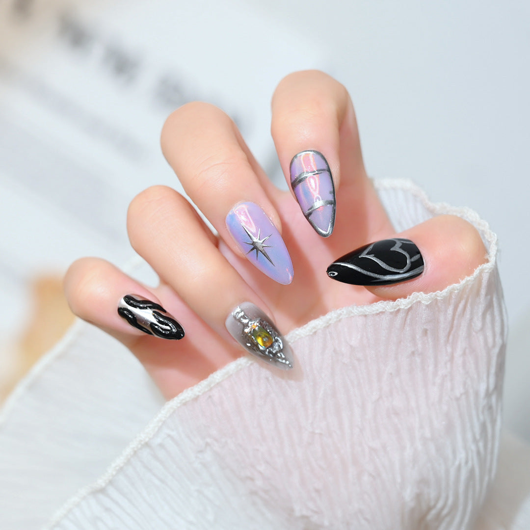 Handcrafted Wearable Nails in Multiple Colors with Line and Aurora Powder Design, Removable Medium-Long Nail Art Stickers