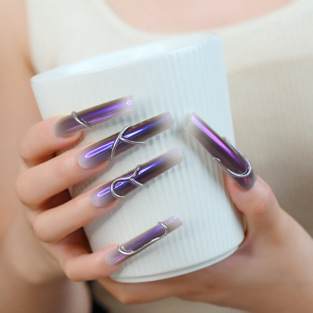 Handcrafted Wearable Purple Gradient Nails, Removable Extra-Long Nail Art Stickers