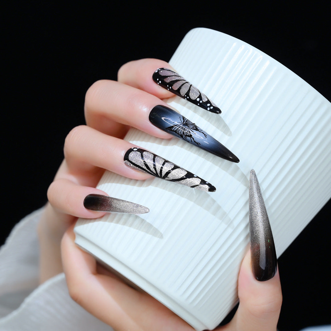 Handcrafted Wearable Nails with Butterfly and Eye Design, Removable Extra-Long Nail Art Stickers