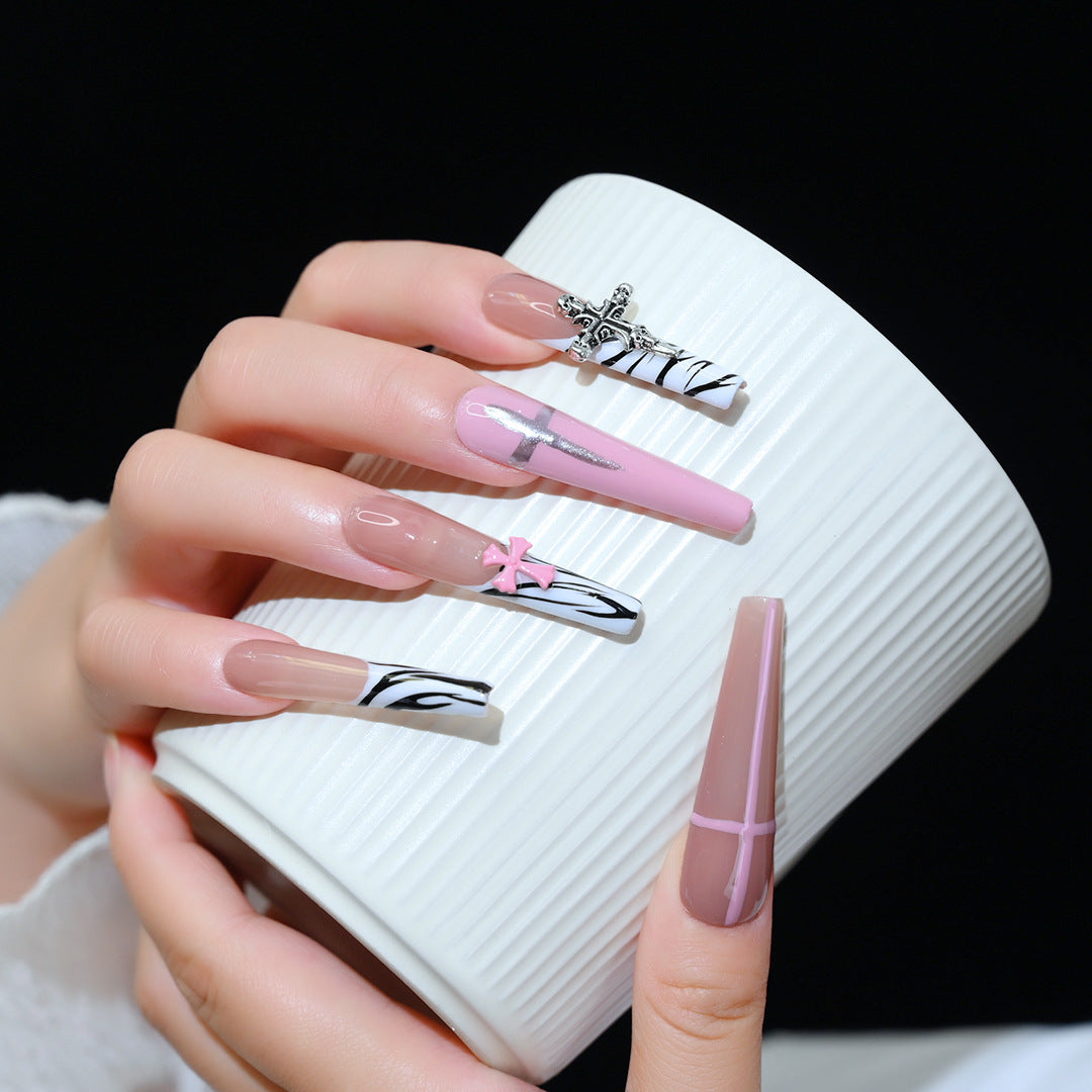 Handcrafted Wearable Nails with Cross Element, Pink Removable Extra-Long Nail Art Stickers