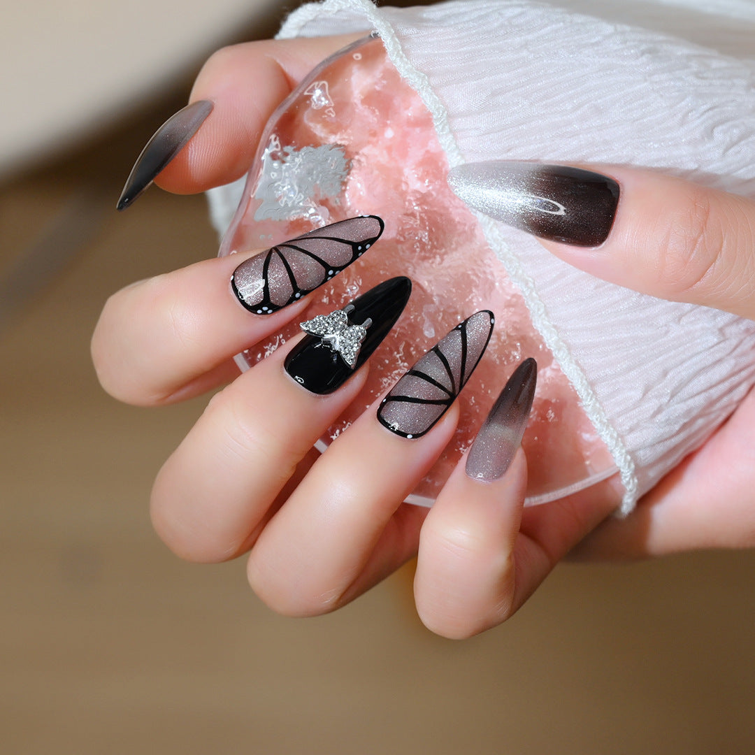 Handcrafted Wearable Nails with Butterfly Element, Black and Silver Cat-Eye Removable Long Nail Art Stickers