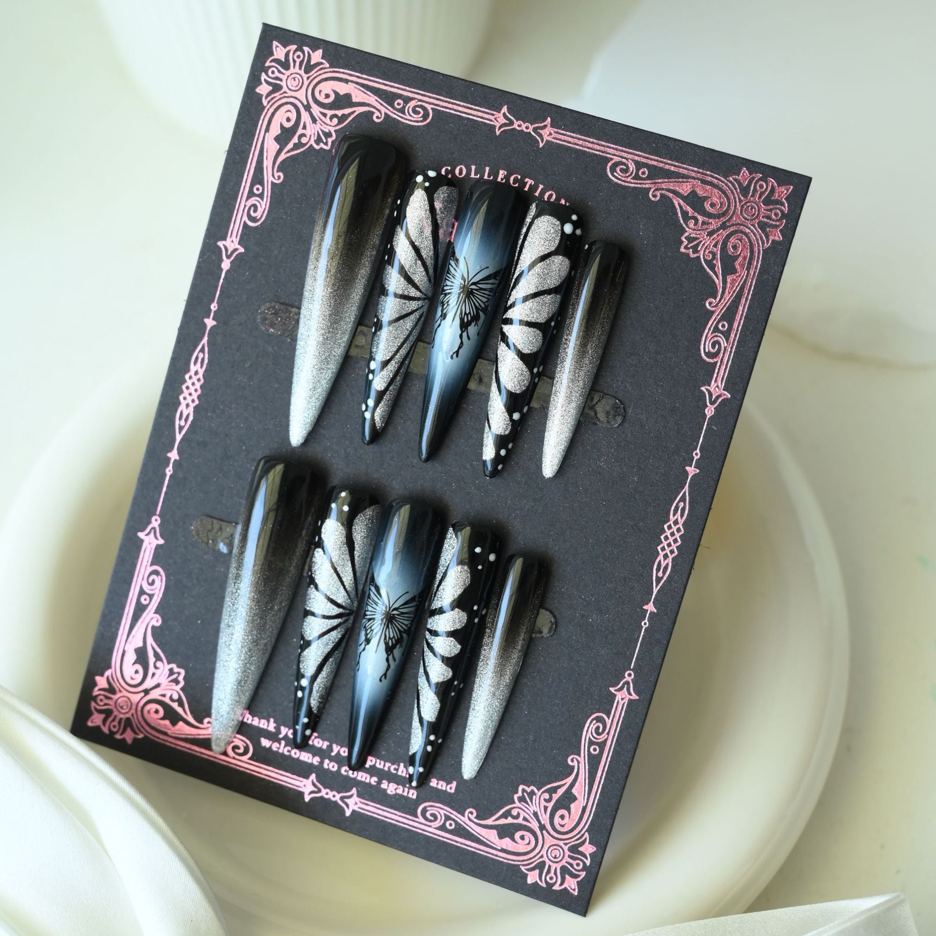 Handcrafted Wearable Nails with Butterfly and Eye Design, Removable Extra-Long Nail Art Stickers