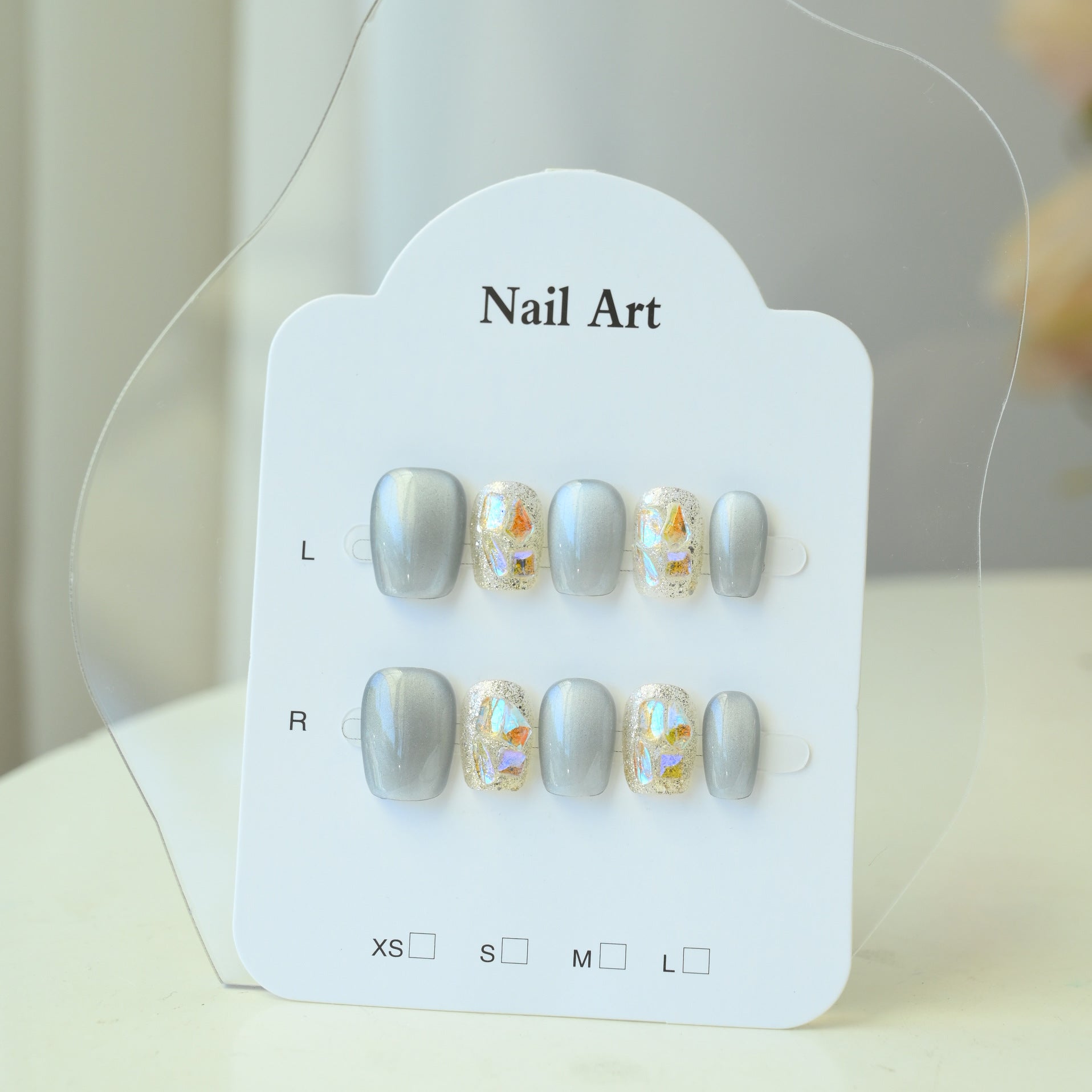 Handcrafted Wearable Silver Diamond-Studded Nails, Cat-Eye Removable Short Nail Art Stickers