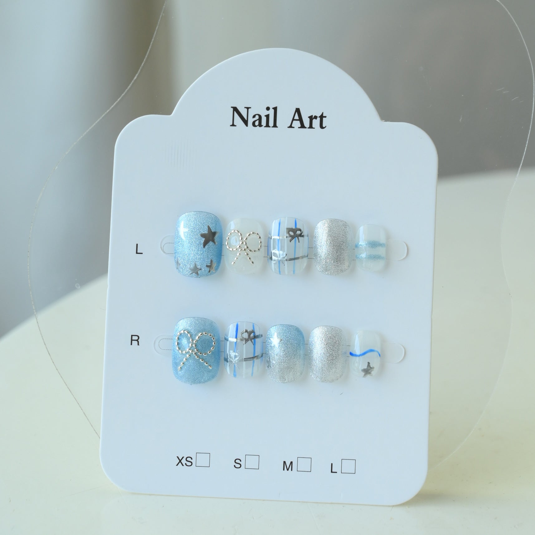 Handcrafted Wearable Silver Diamond-Studded Nails with Bow, Removable Short Nail Art Stickers