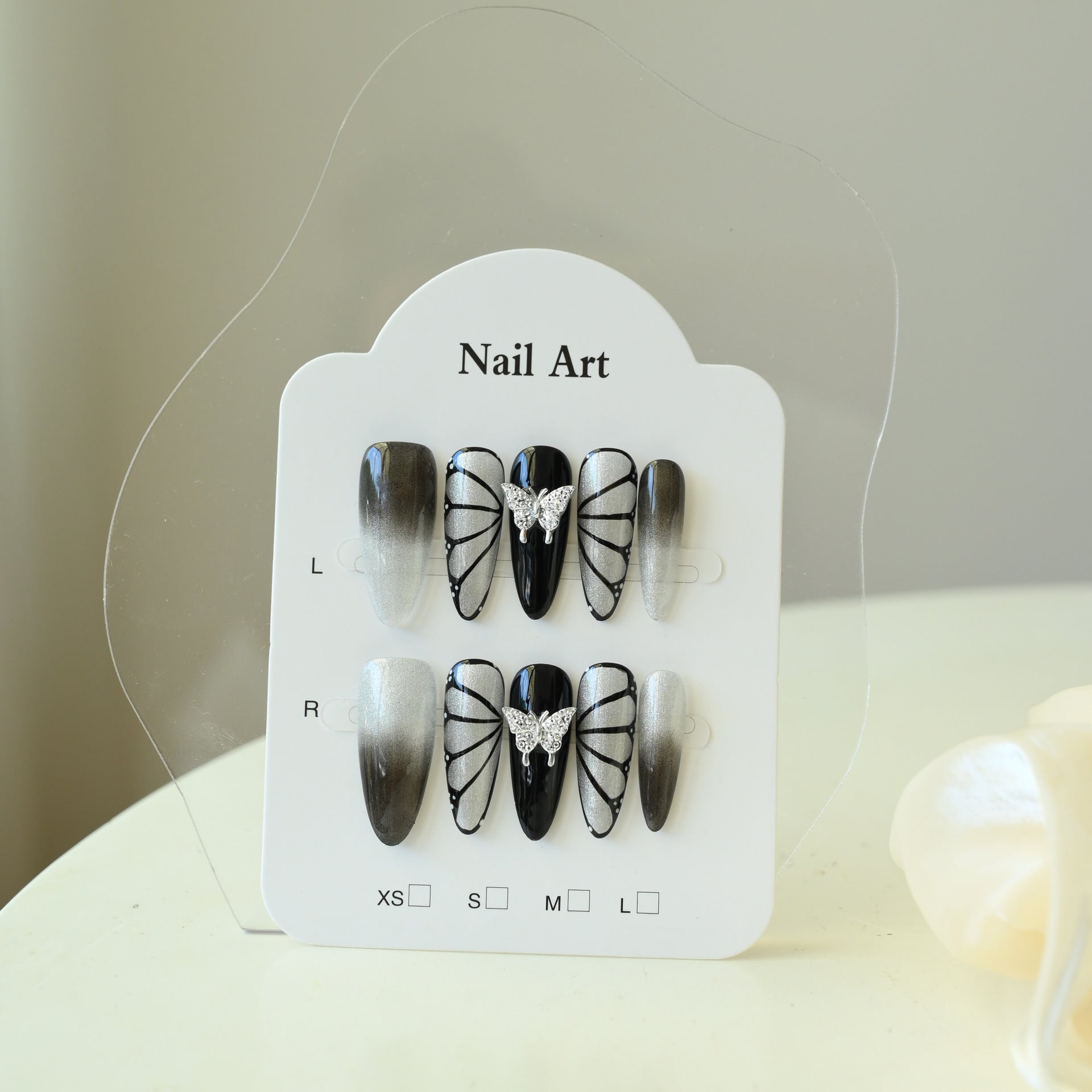 Handcrafted Wearable Nails with Butterfly Element, Black and Silver Cat-Eye Removable Long Nail Art Stickers