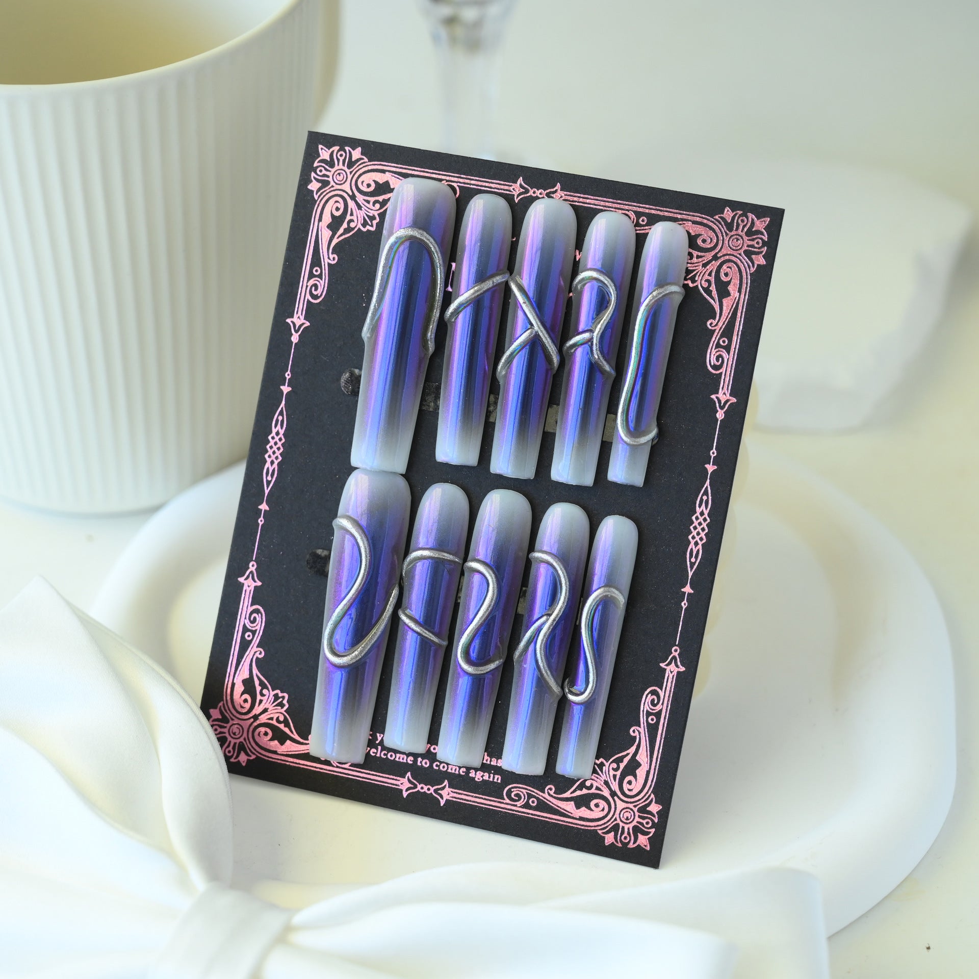 Handcrafted Wearable Purple Gradient Nails, Removable Extra-Long Nail Art Stickers