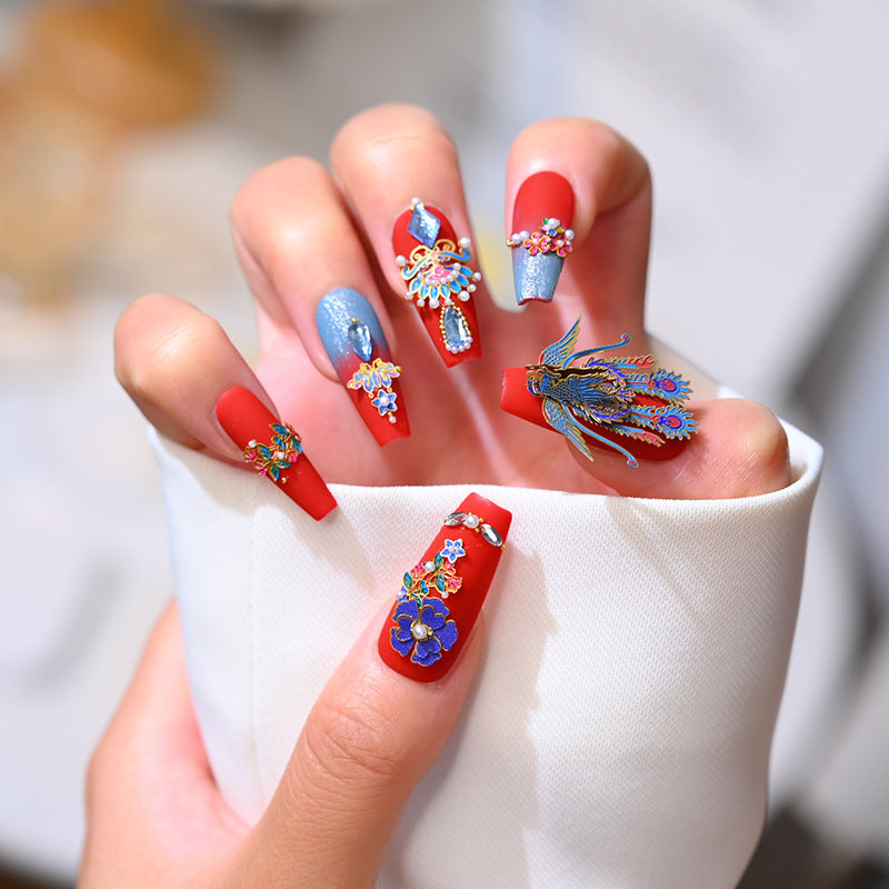 Handcrafted Wearable Chinese Red Nails with Chinese-Style Phoenix and Diamond Accents, Removable Medium-Long Nail Art Stickers