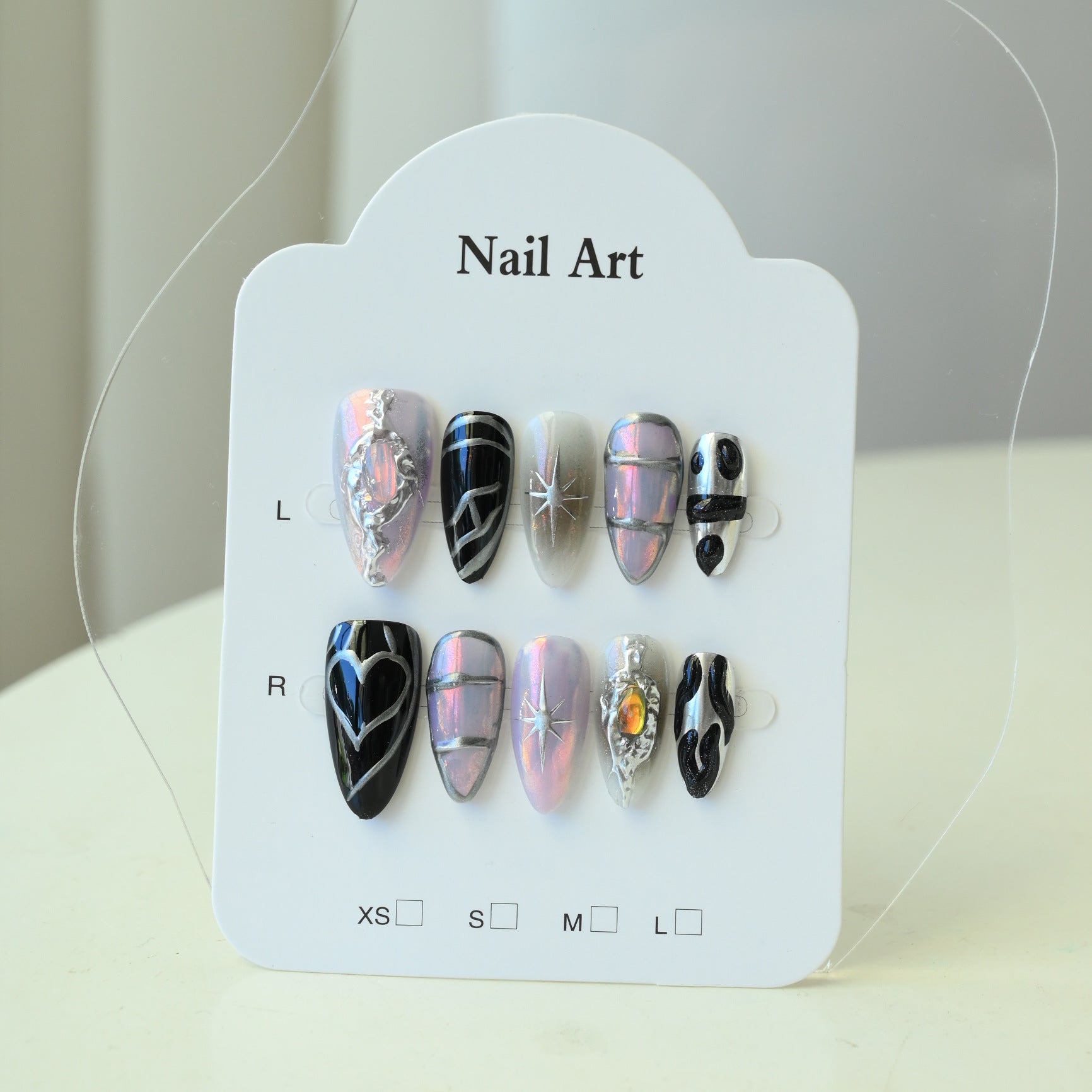 Handcrafted Wearable Nails in Multiple Colors with Line and Aurora Powder Design, Removable Medium-Long Nail Art Stickers