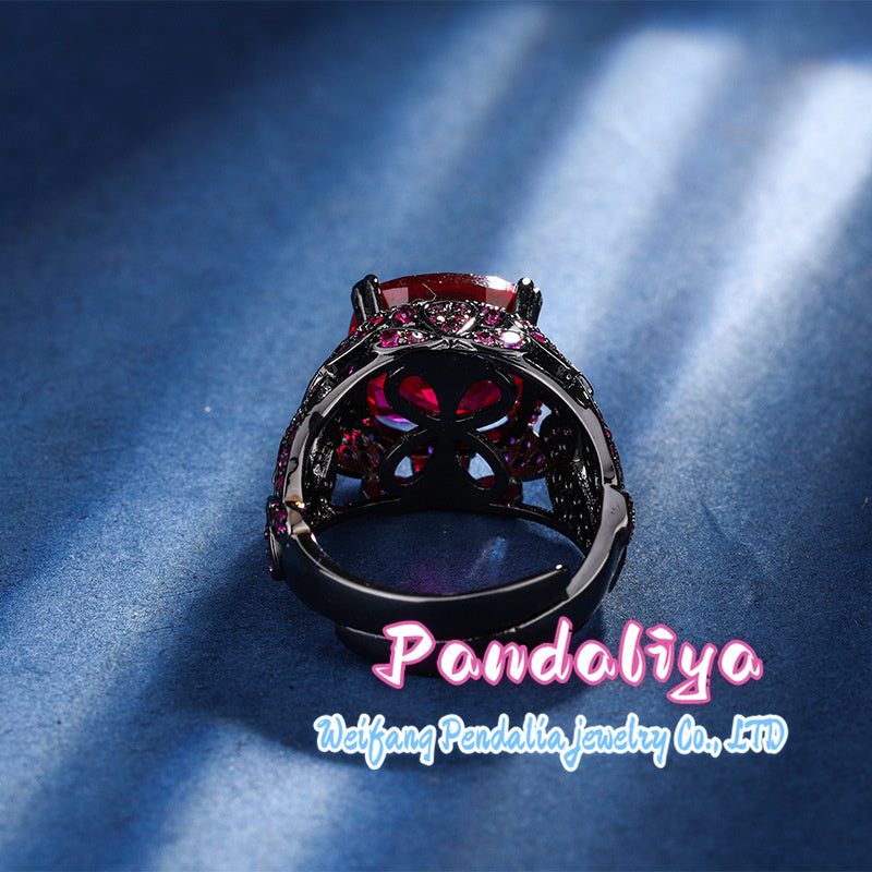 Colored Gemstone Ring: Light luxury design, fashionable trend, personalized gemstone embellishment, black gold material highlights taste and quality.