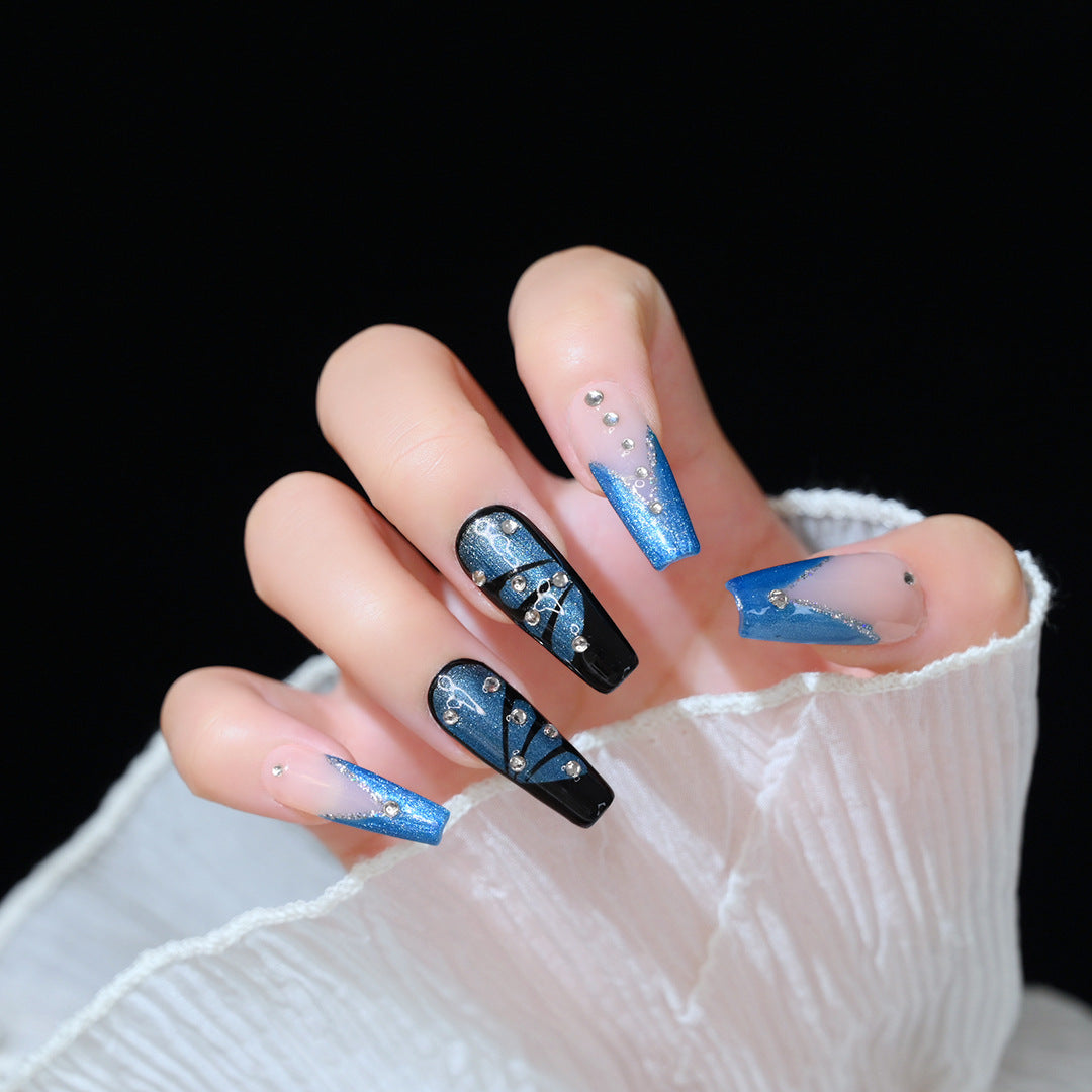 Handcrafted Wearable Nails with Metal Butterflies and Fully Diamond-Encrusted Design, Removable Medium-Length Nail Art Stickers