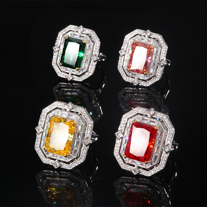 Color Gemstone Ring adorned with square diamonds, emitting charming radiance, seamlessly blending luxurious elegance with glamorous design, showcasing impeccable fashion taste!