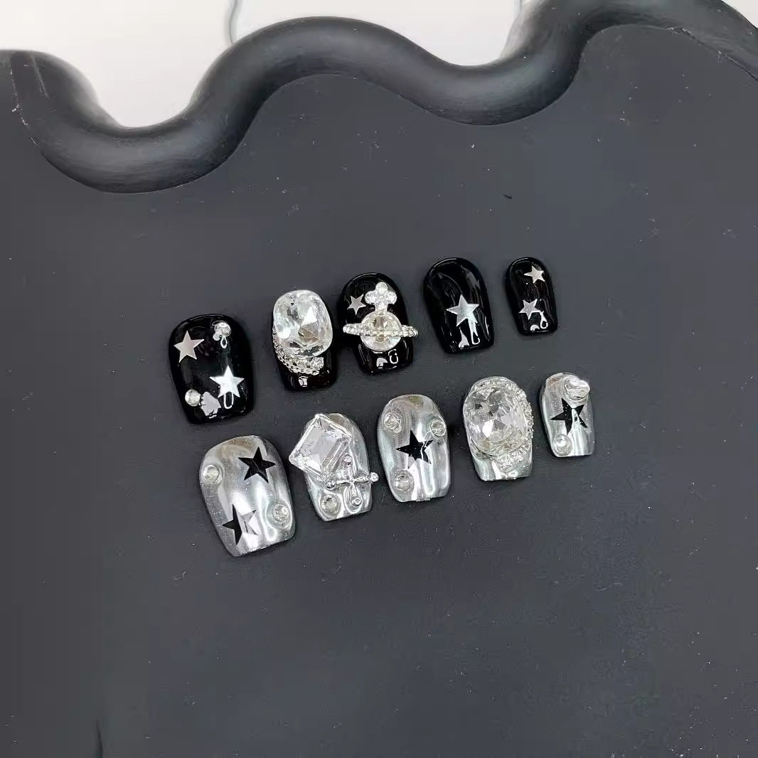 Handcrafted Wearable Nails, Planet Theme with Star and Diamond Embellishments, Removable Short Nail Art Stickers.