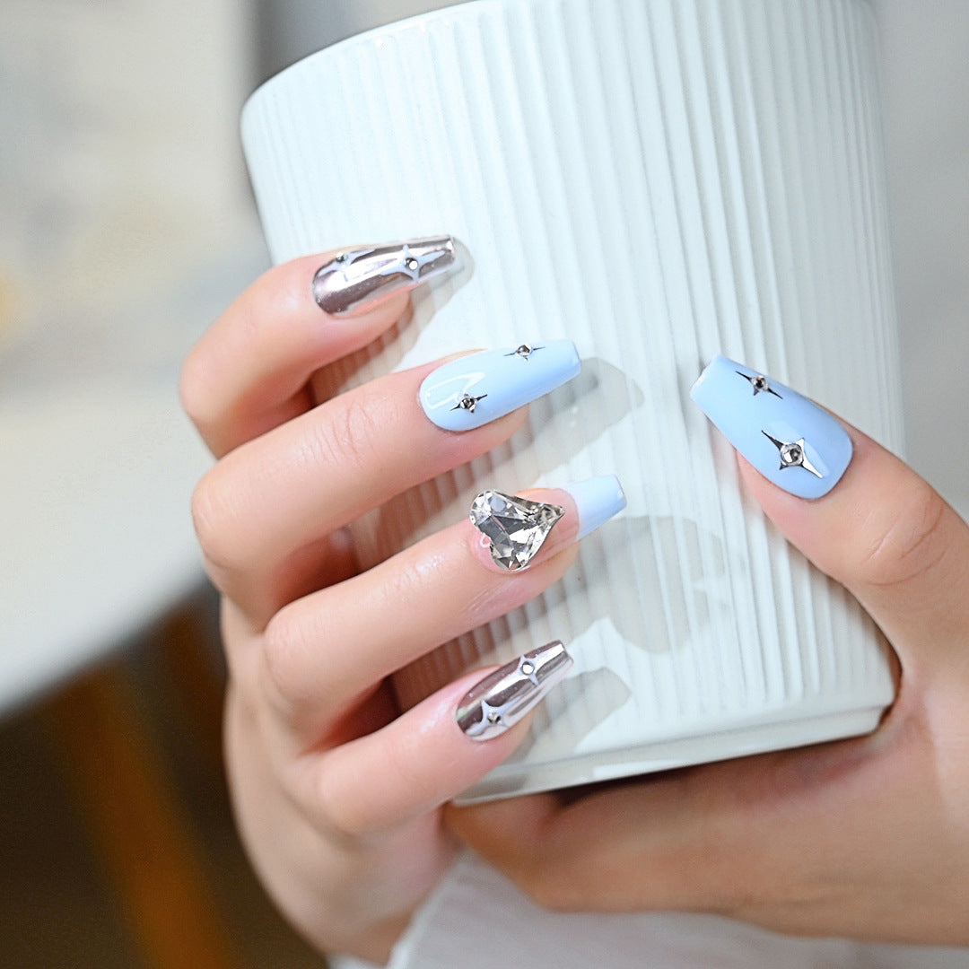 Handcrafted Wearable Blue and Silver Nails with Diamond Hand-Painted Design, Removable Medium-Long Nail Art Stickers.