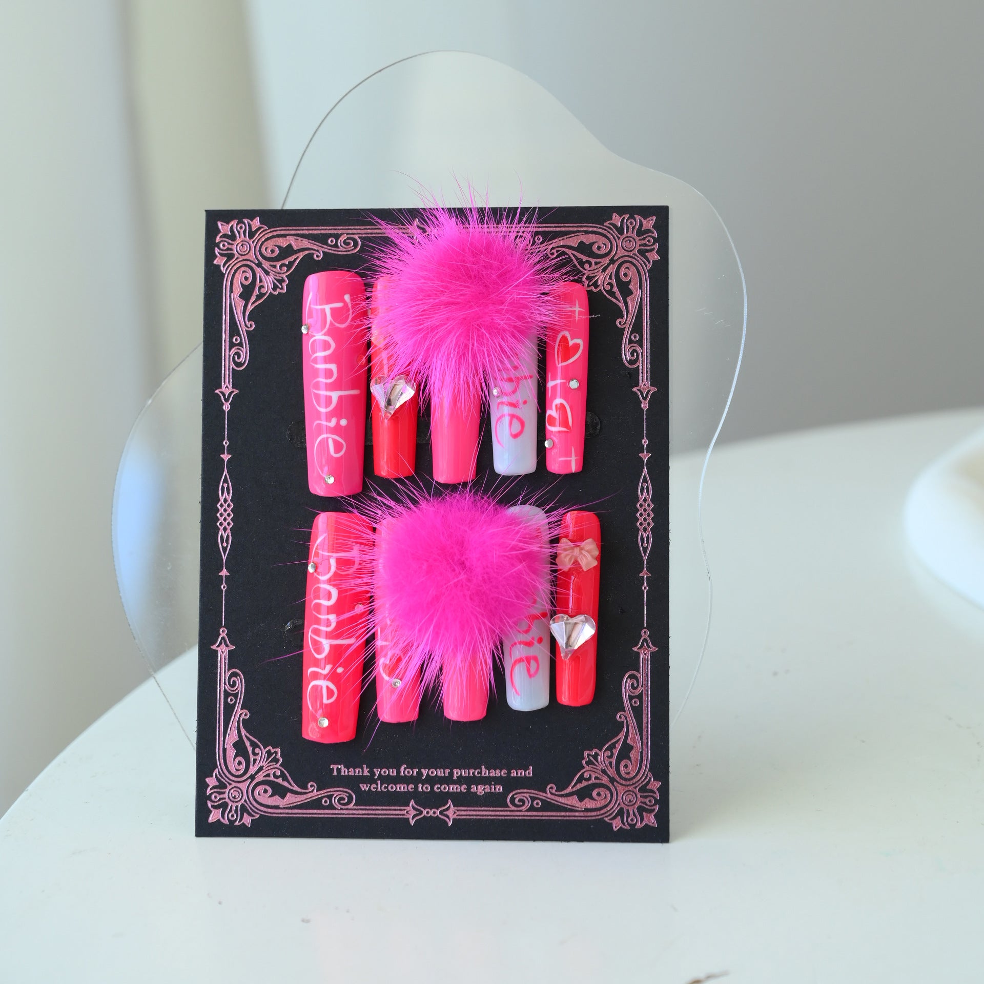 Handcrafted Wearable Pink Letter Nails with Pom-Pom, Removable Extra-Long Nail Art Stickers