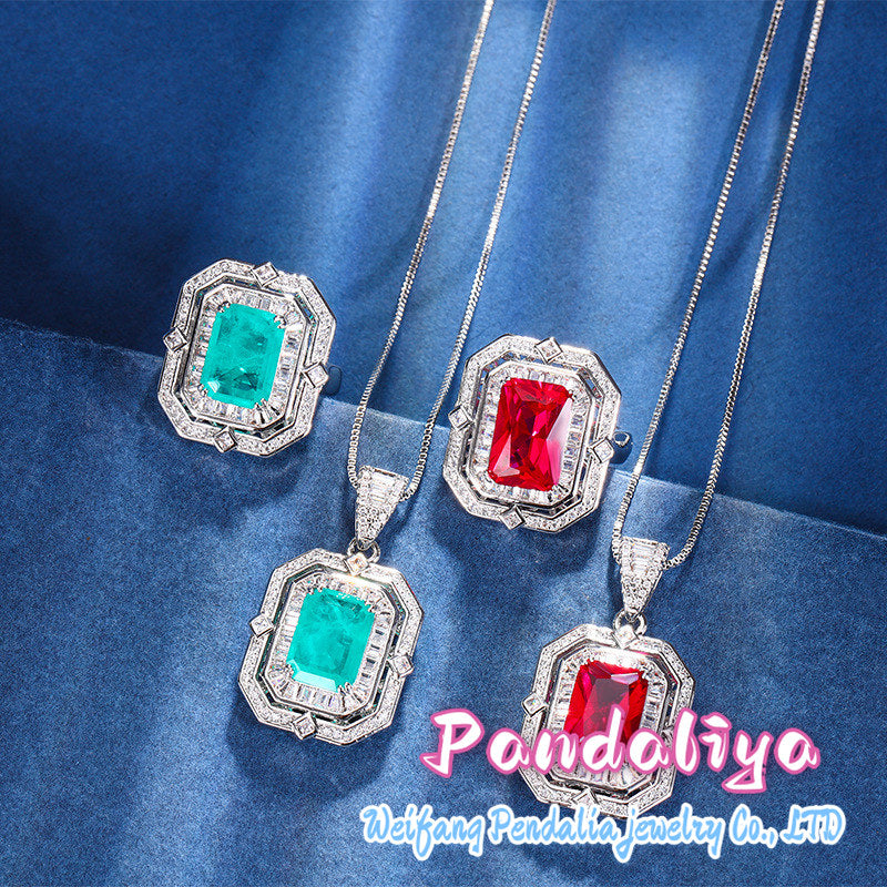 Simulated gemstone set, intricately adorned with exquisite square-cut diamonds, perfectly complementing both the ring and necklace, exuding a noble demeanor and radiating captivating brilliance!