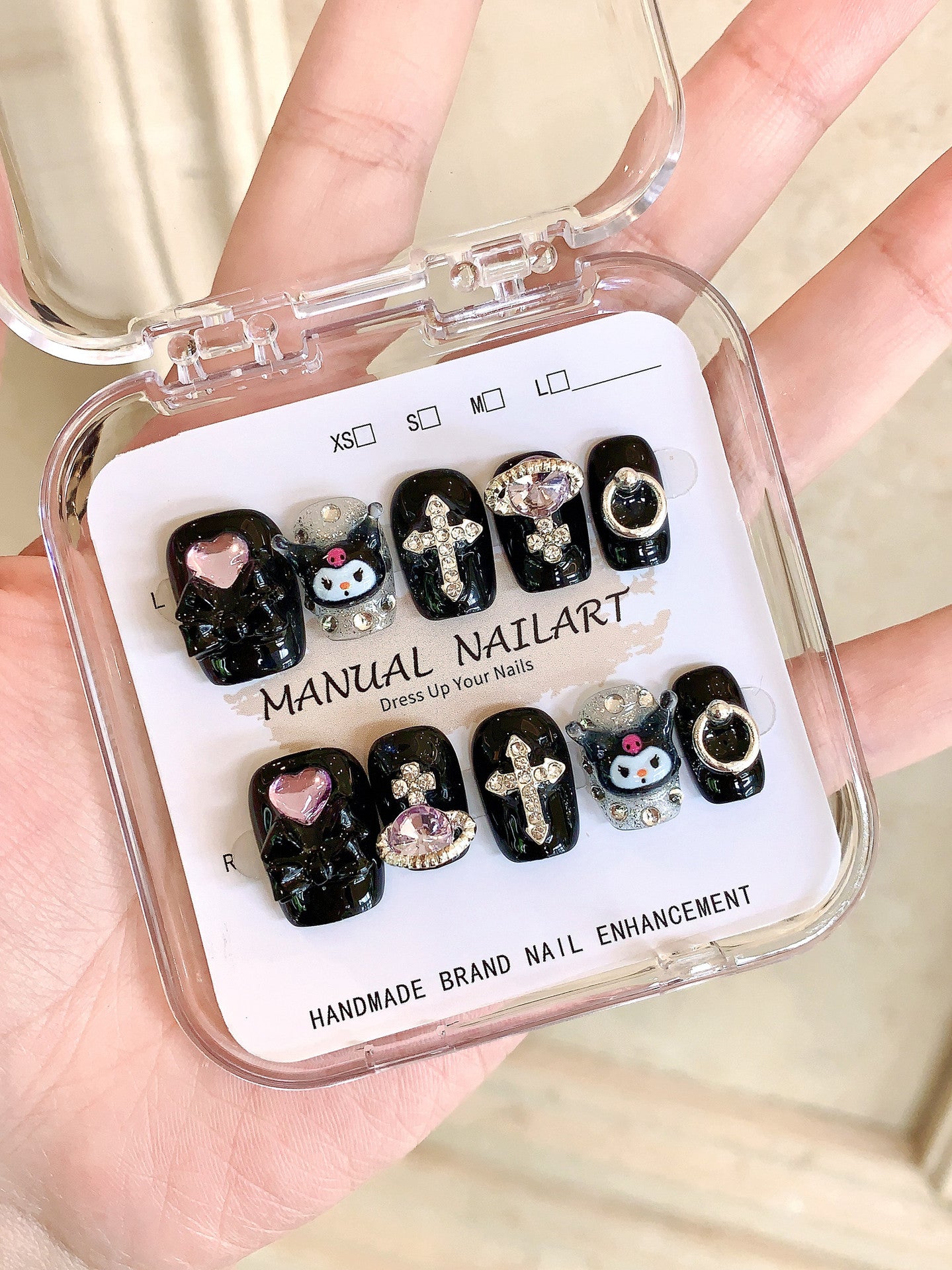 Handcrafted Wearable Nails with Kuromi Theme, featuring Diamond-Studded Crosses, Removable Short Nail Art Stickers.