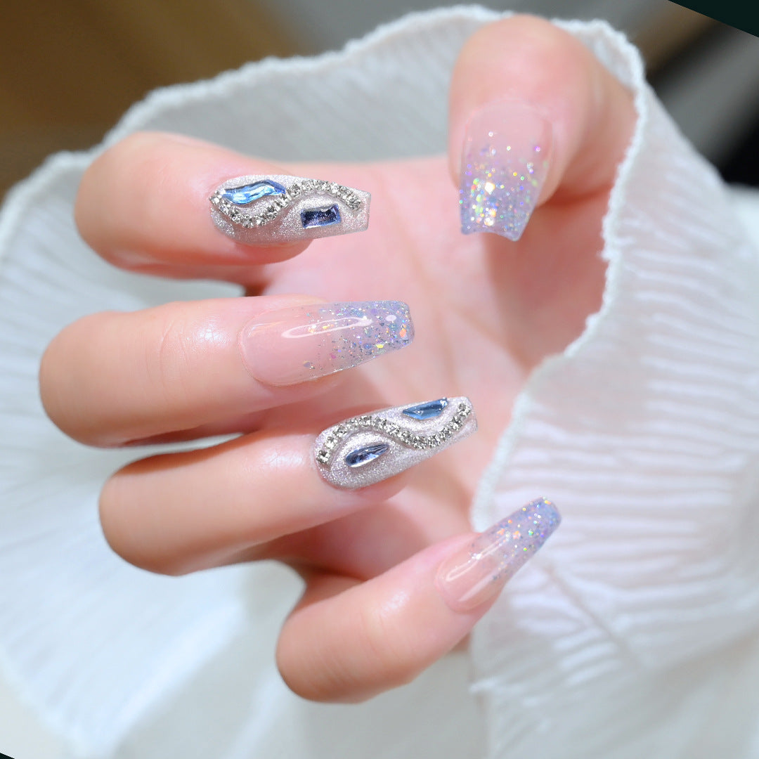 Handcrafted Wearable Nails with Diamond-Studded and Glitter Design, Removable Medium-Long Nail Art Stickers