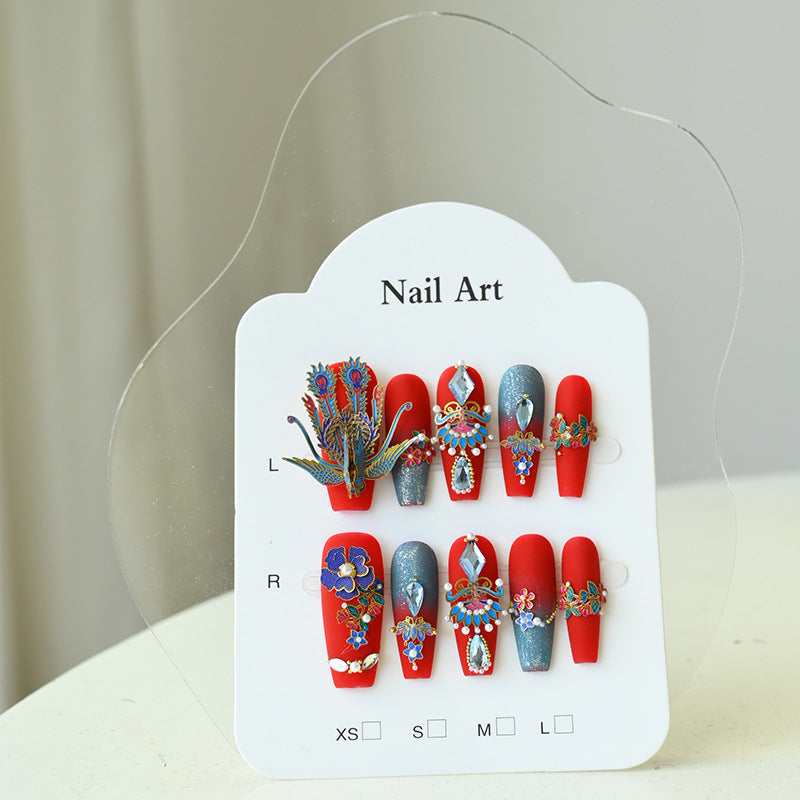 Handcrafted Wearable Chinese Red Nails with Chinese-Style Phoenix and Diamond Accents, Removable Medium-Long Nail Art Stickers