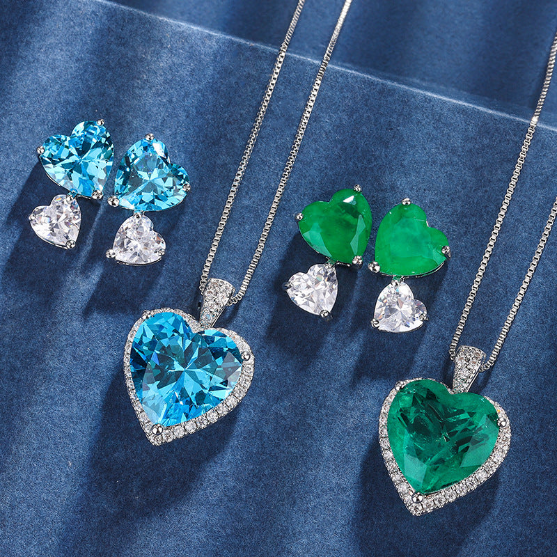 Colorful Gemstone Set, Heart-shaped Design, Necklace and Earrings, Expressing Deep Love, Stylish yet Romantic.