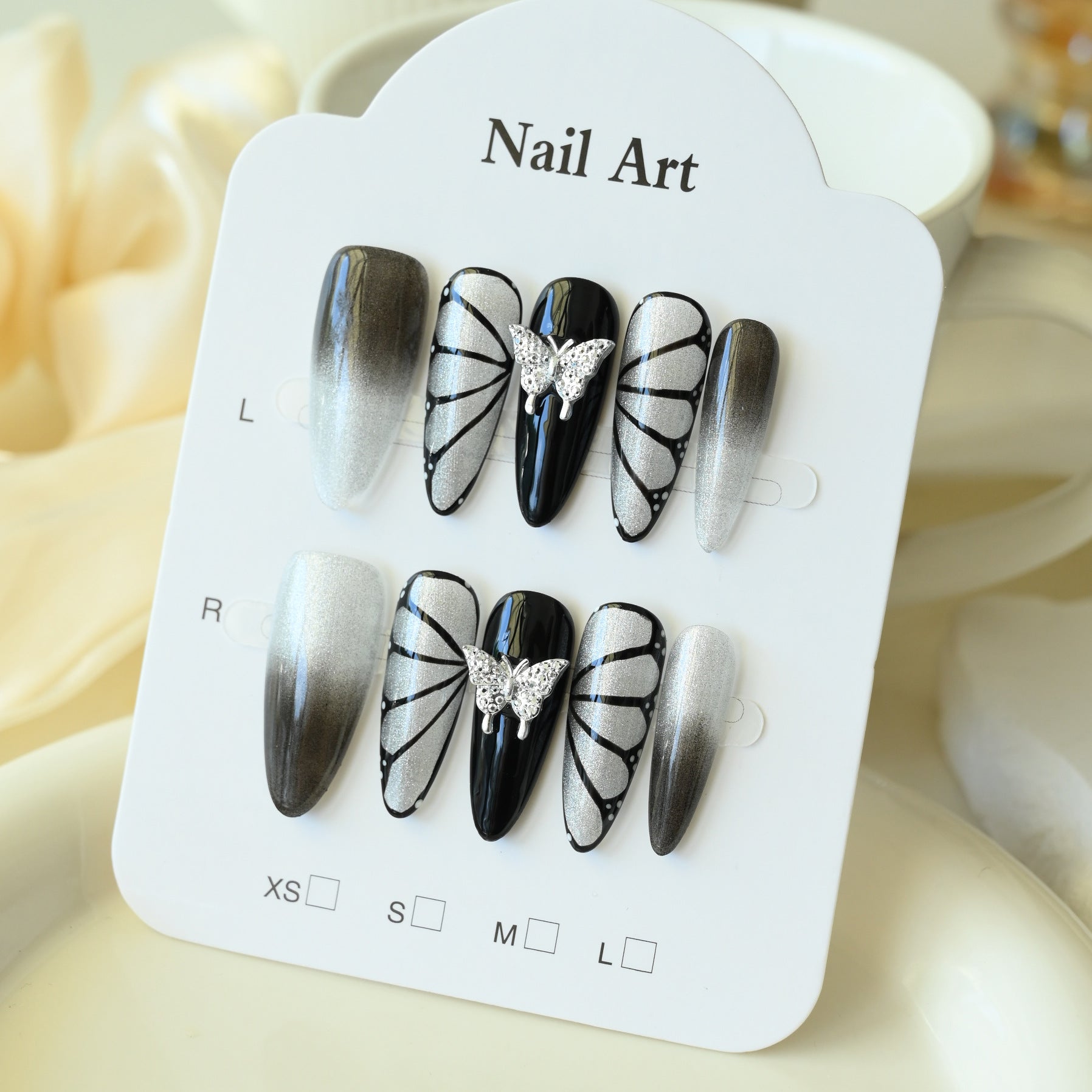 Handcrafted Wearable Nails with Butterfly Element, Black and Silver Cat-Eye Removable Long Nail Art Stickers