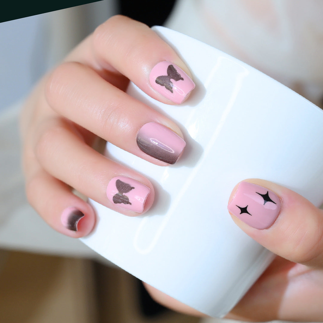 Handcrafted Wearable Pink Butterfly Nails, Removable Short Nail Art Stickers