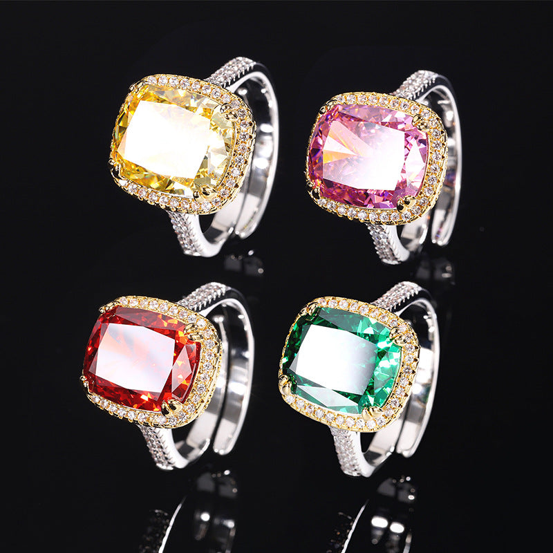 Color gemstone ring, adorned with square diamonds, exudes noble temperament and luxurious style. The delicate ice flower cutting highlights its elegant charm!