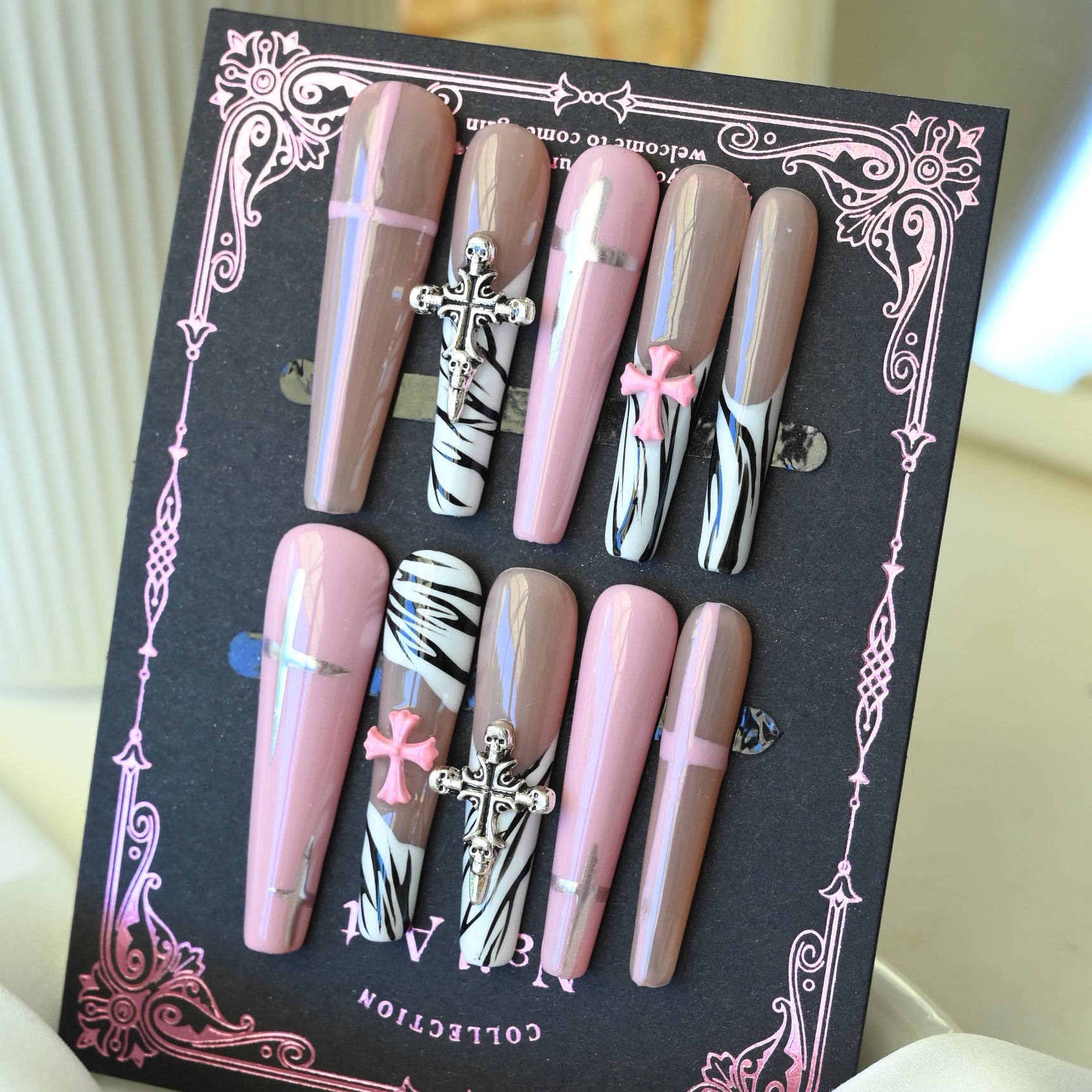 Handcrafted Wearable Nails with Cross Element, Pink Removable Extra-Long Nail Art Stickers