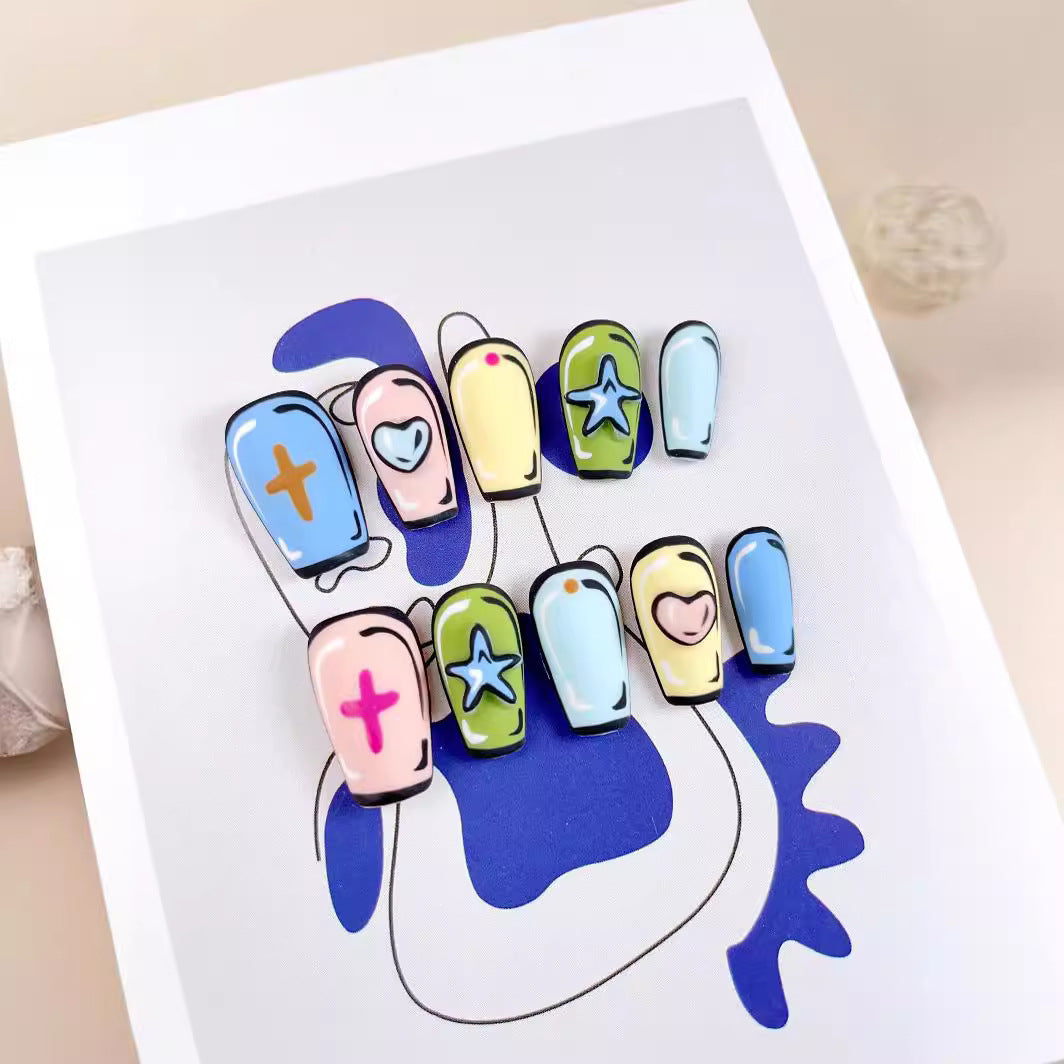 Handcrafted Wearable Nails with Cartoon and Comic Style, Hand-Painted, Removable Short Nail Art Stickers.