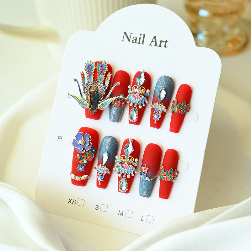 Handcrafted Wearable Chinese Red Nails with Chinese-Style Phoenix and Diamond Accents, Removable Medium-Long Nail Art Stickers