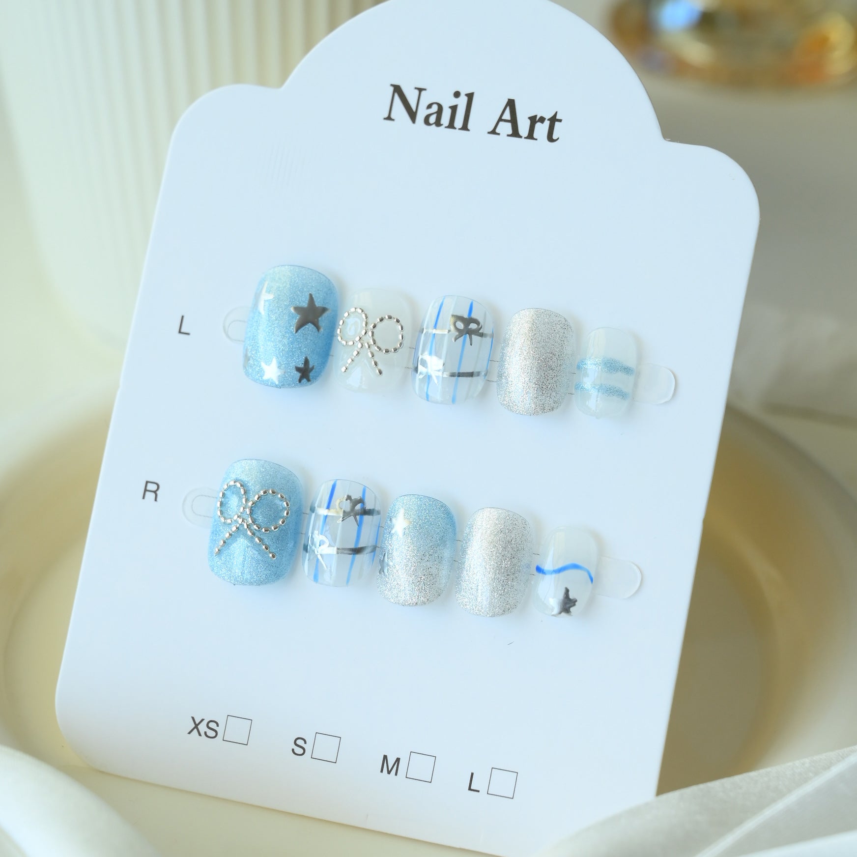 Handcrafted Wearable Silver Diamond-Studded Nails with Bow, Removable Short Nail Art Stickers