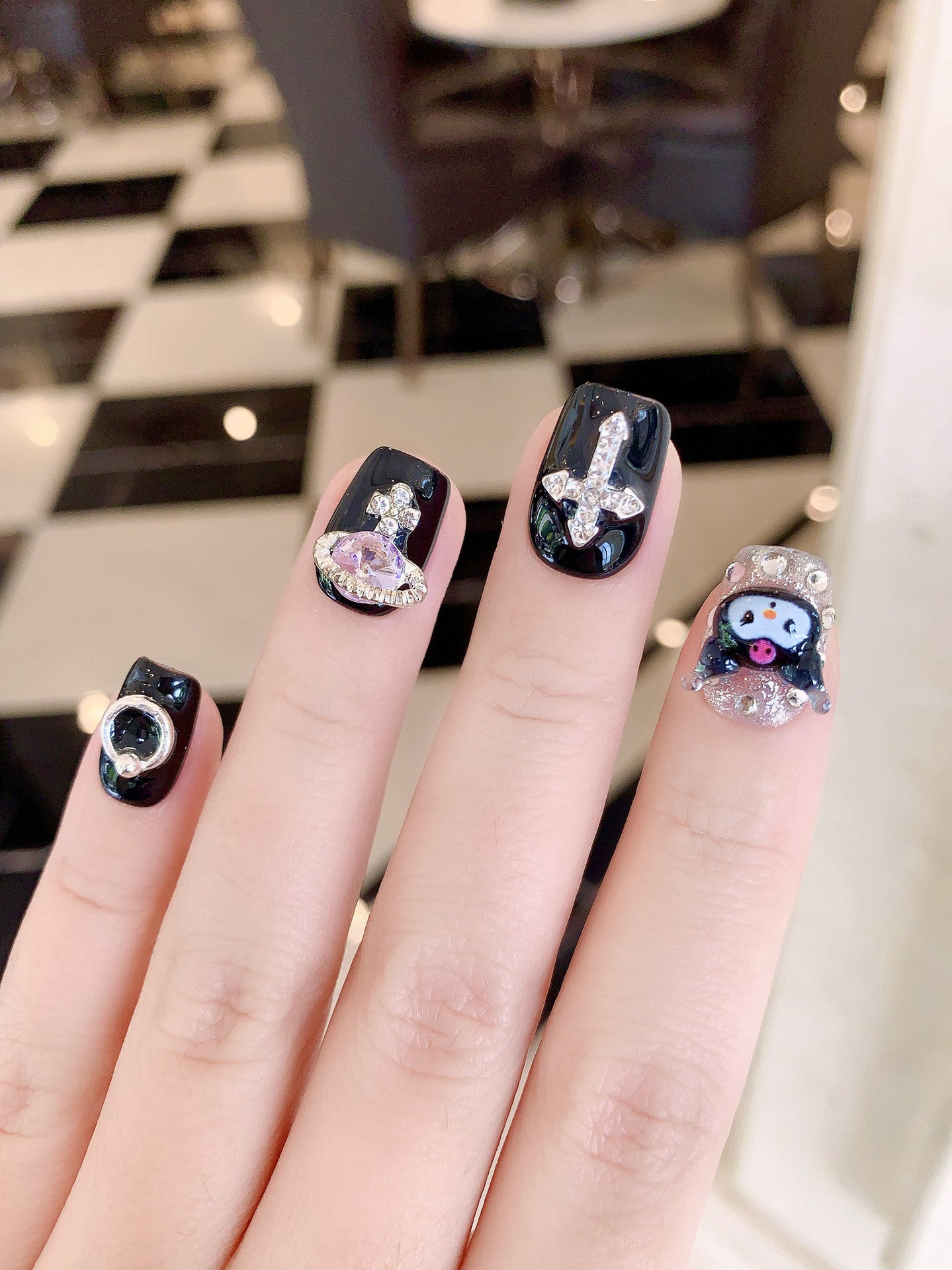 Handcrafted Wearable Nails with Kuromi Theme, featuring Diamond-Studded Crosses, Removable Short Nail Art Stickers.