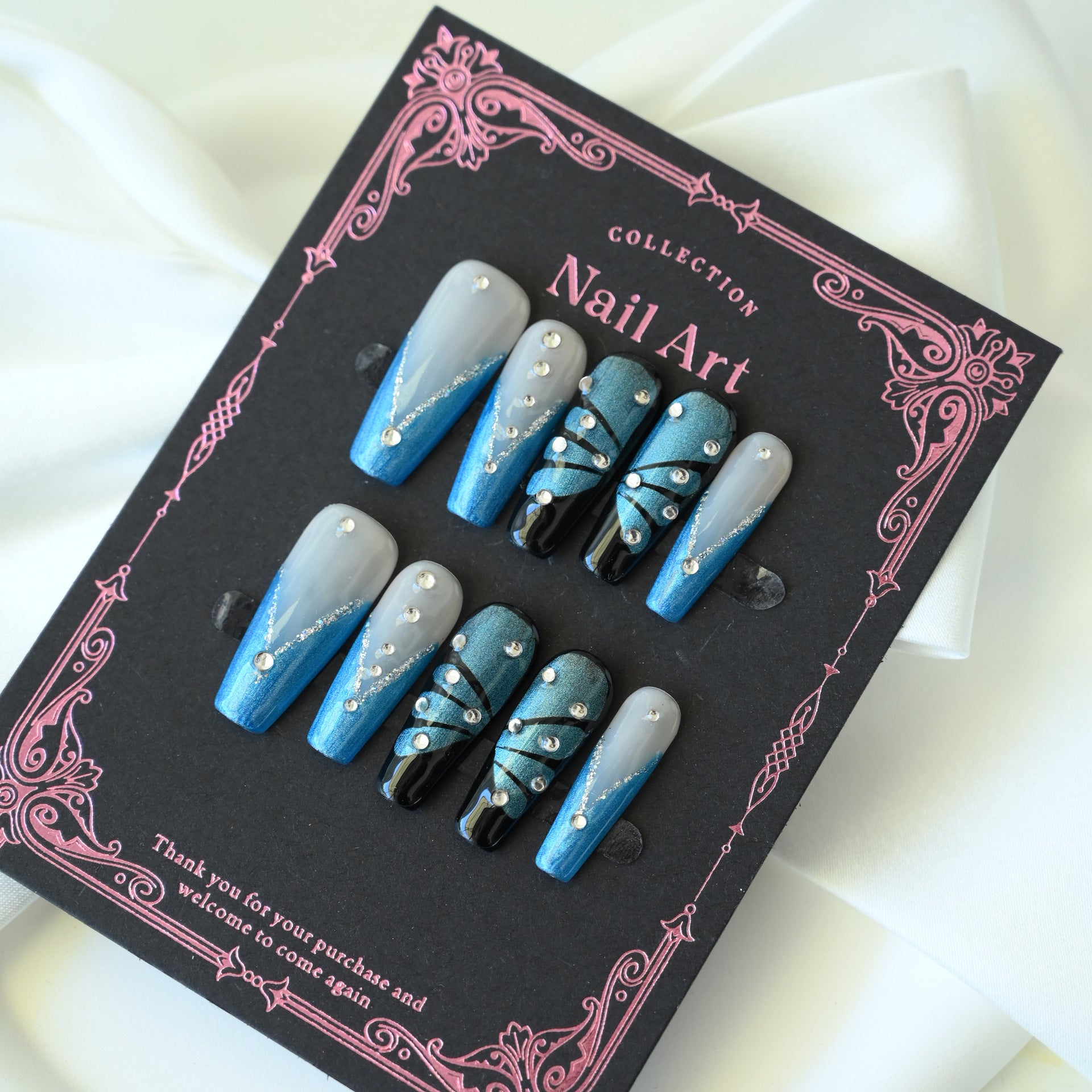 Handcrafted Wearable Nails with Metal Butterflies and Fully Diamond-Encrusted Design, Removable Medium-Length Nail Art Stickers