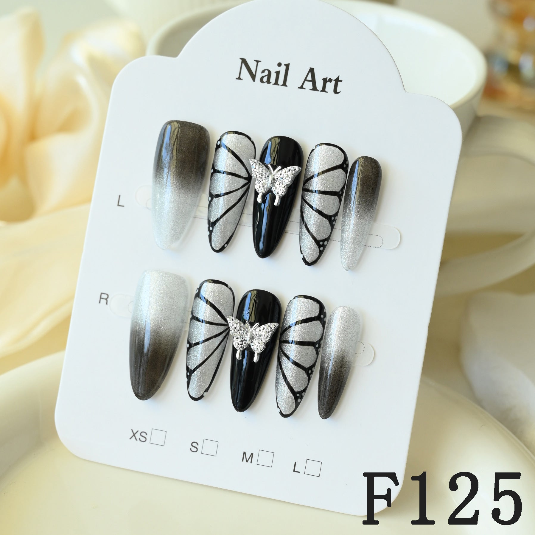 Handcrafted Wearable Nails with Butterfly Element, Black and Silver Cat-Eye Removable Long Nail Art Stickers