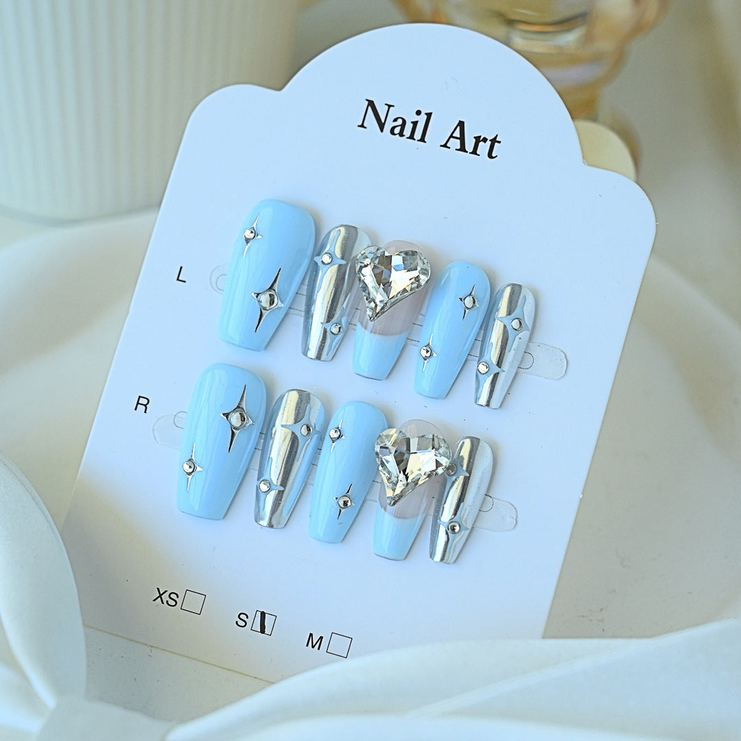 Handcrafted Wearable Blue and Silver Nails with Diamond Hand-Painted Design, Removable Medium-Long Nail Art Stickers.