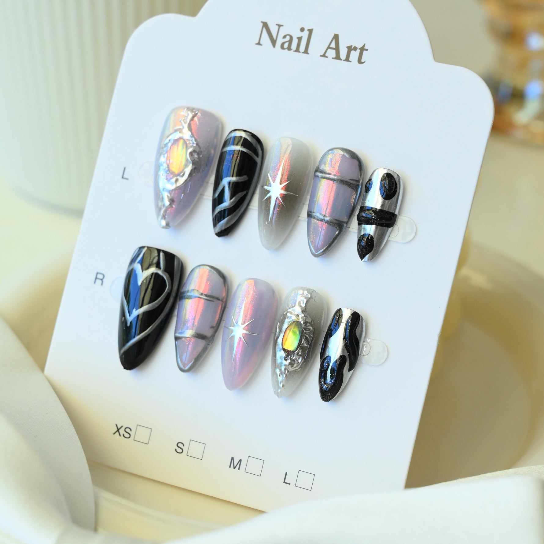 Handcrafted Wearable Nails in Multiple Colors with Line and Aurora Powder Design, Removable Medium-Long Nail Art Stickers