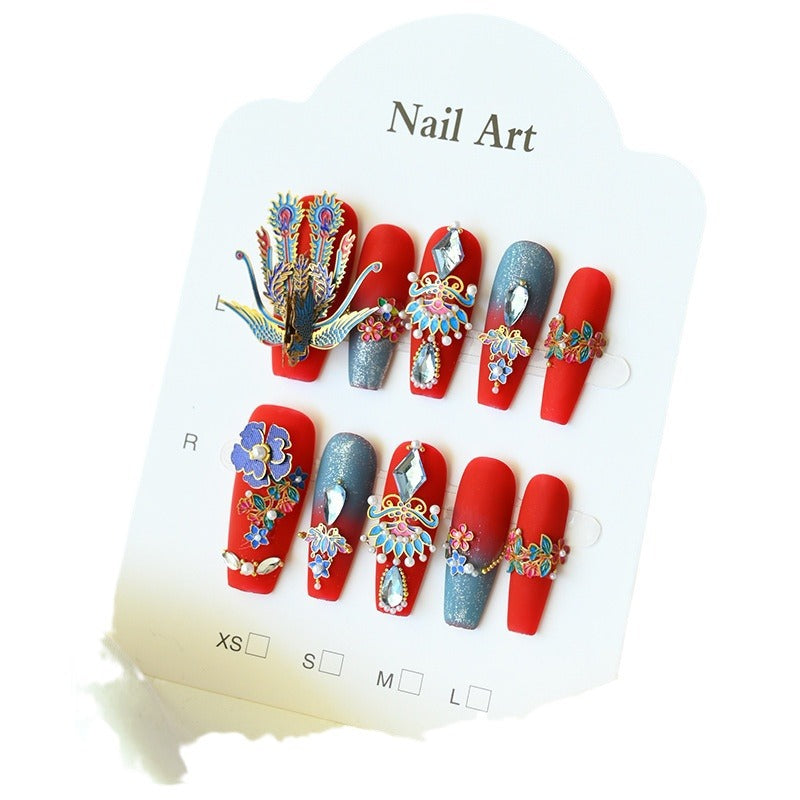 Handcrafted Wearable Chinese Red Nails with Chinese-Style Phoenix and Diamond Accents, Removable Medium-Long Nail Art Stickers