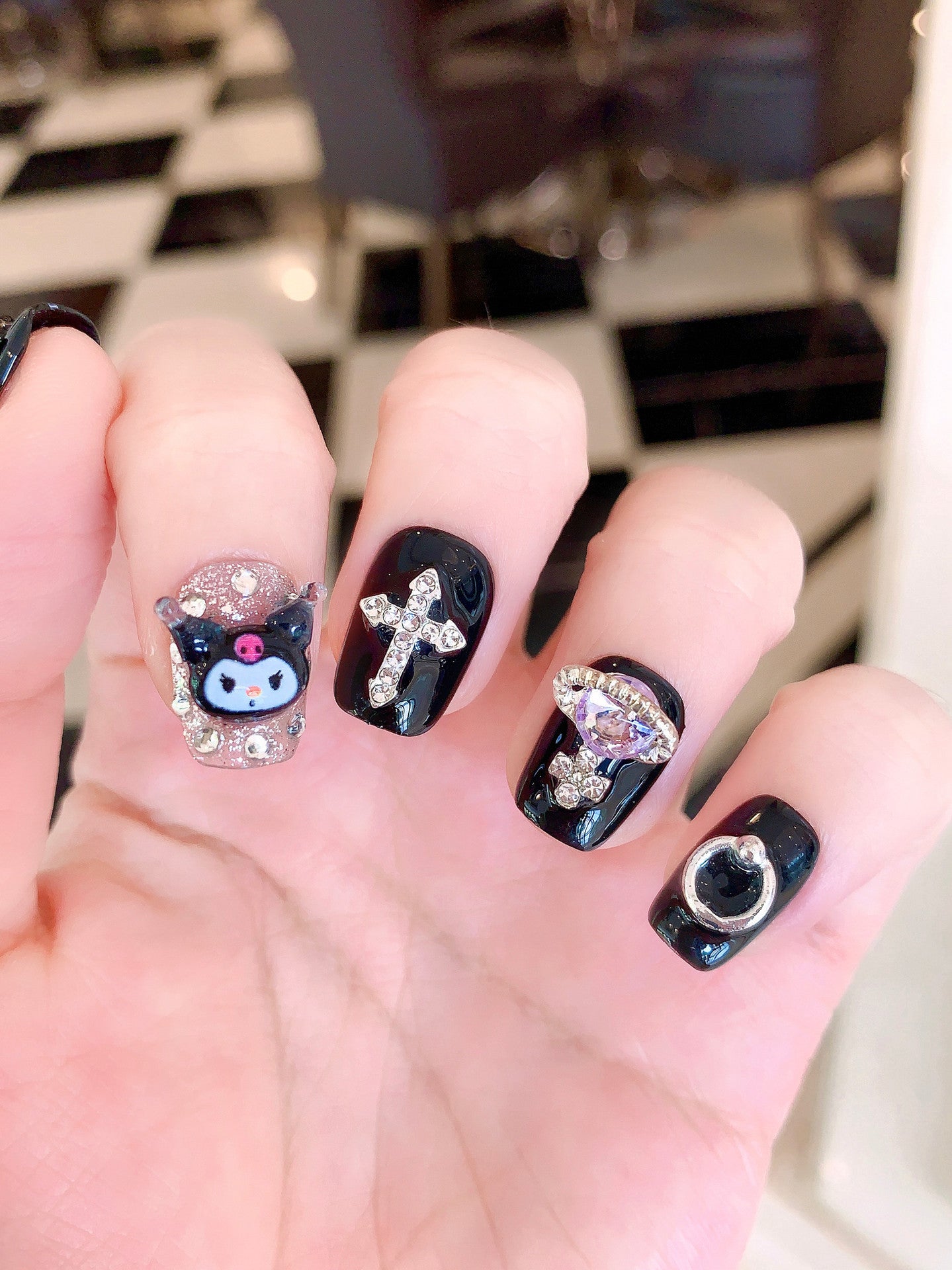 Handcrafted Wearable Nails with Kuromi Theme, featuring Diamond-Studded Crosses, Removable Short Nail Art Stickers.