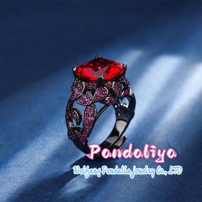 Colored Gemstone Ring: Light luxury design, fashionable trend, personalized gemstone embellishment, black gold material highlights taste and quality.