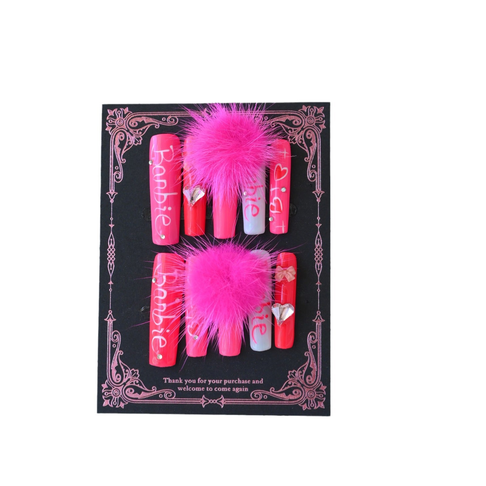 Handcrafted Wearable Pink Letter Nails with Pom-Pom, Removable Extra-Long Nail Art Stickers