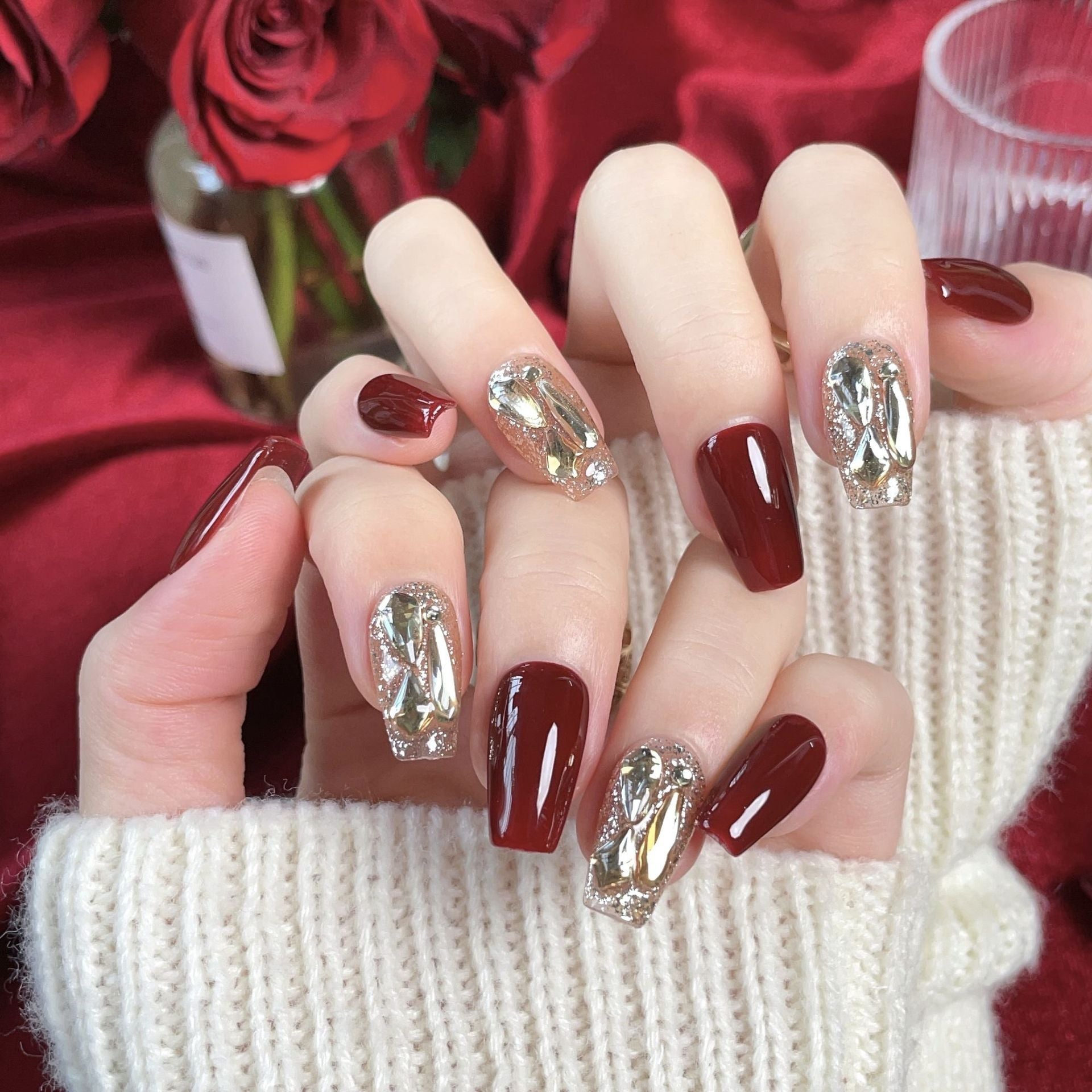 Handcrafted Wearable Red Nails with Diamond Embellishments, Removable Medium-Long Nail Art Stickers.