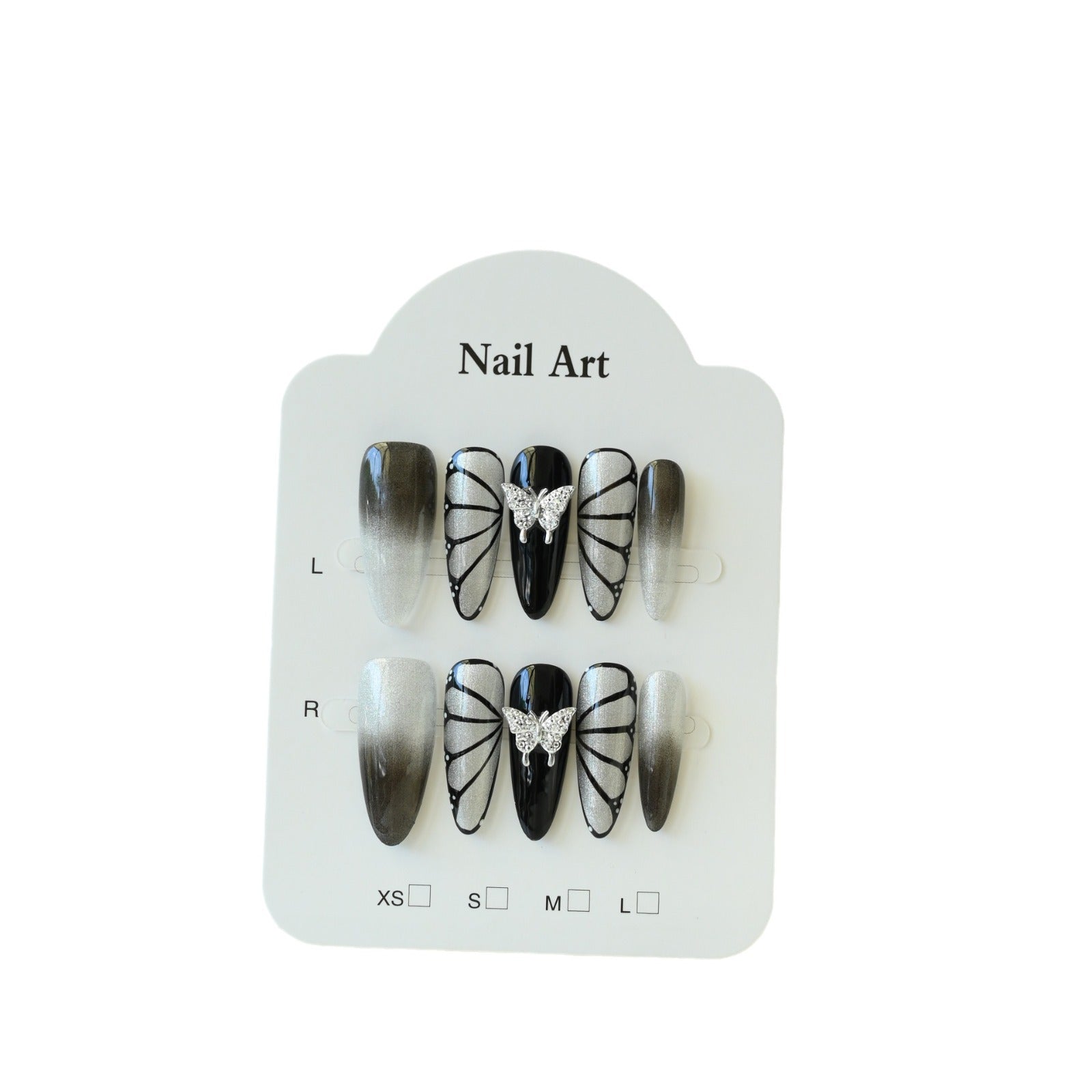 Handcrafted Wearable Nails with Butterfly Element, Black and Silver Cat-Eye Removable Long Nail Art Stickers