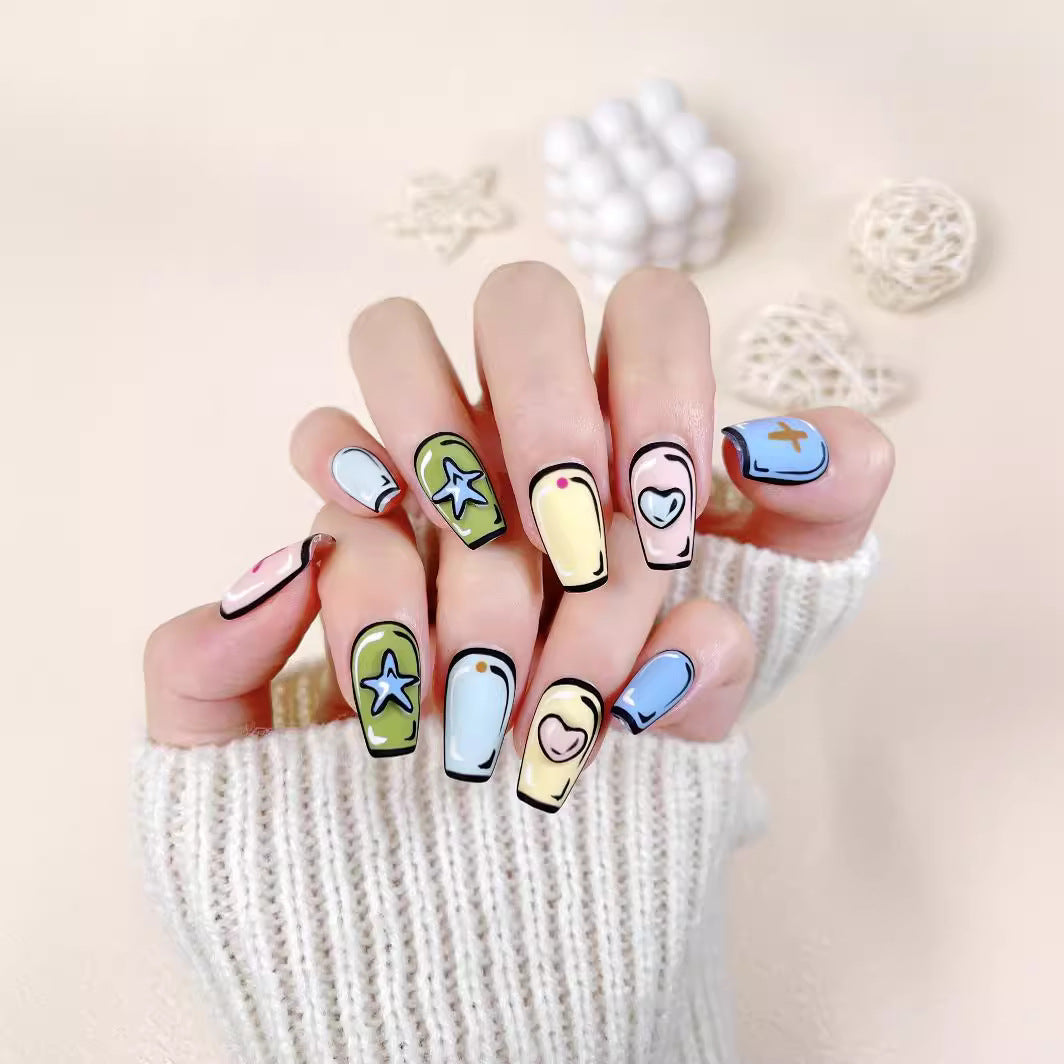 Handcrafted Wearable Nails with Cartoon and Comic Style, Hand-Painted, Removable Short Nail Art Stickers.