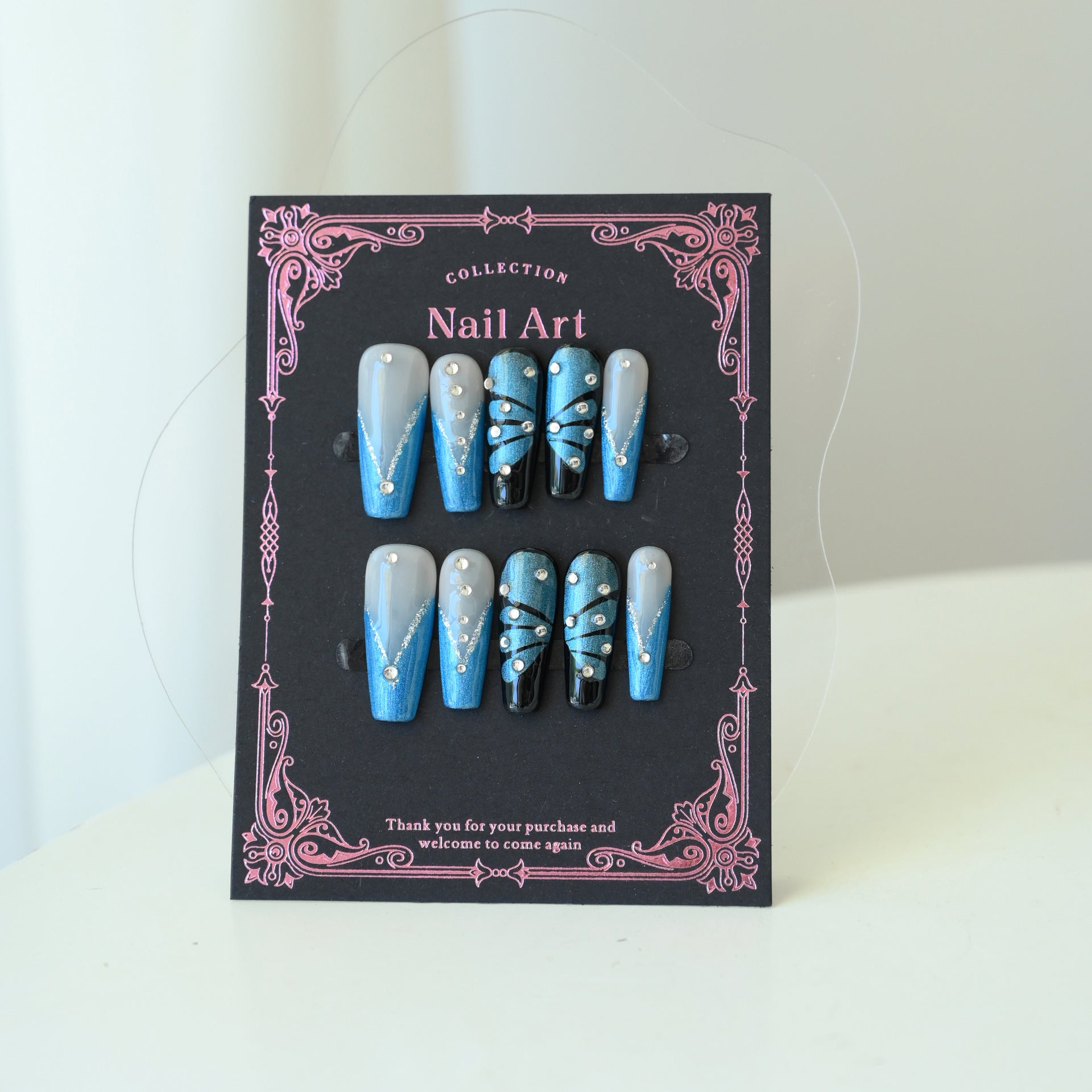 Handcrafted Wearable Nails with Metal Butterflies and Fully Diamond-Encrusted Design, Removable Medium-Length Nail Art Stickers