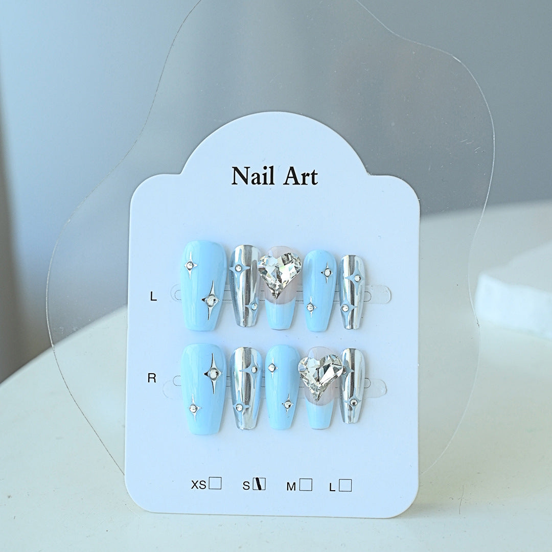 Handcrafted Wearable Blue and Silver Nails with Diamond Hand-Painted Design, Removable Medium-Long Nail Art Stickers.