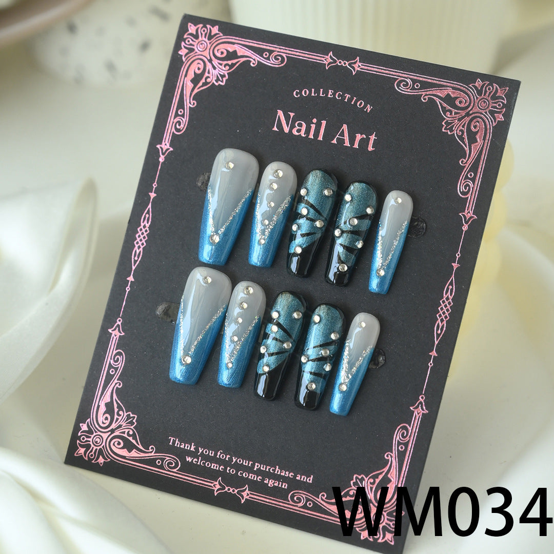 Handcrafted Wearable Nails with Metal Butterflies and Fully Diamond-Encrusted Design, Removable Medium-Length Nail Art Stickers