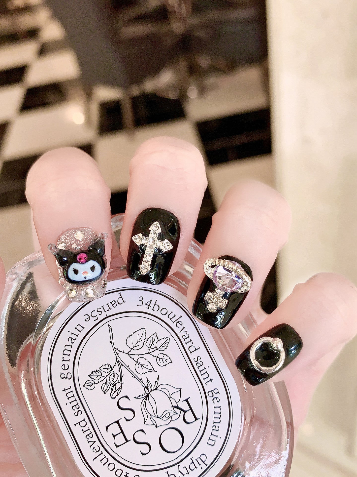 Handcrafted Wearable Nails with Kuromi Theme, featuring Diamond-Studded Crosses, Removable Short Nail Art Stickers.